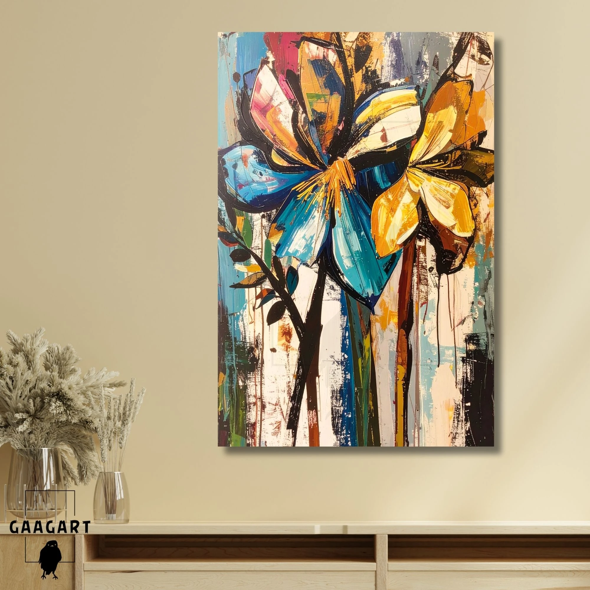 Tekli Dikey Kanvas Tablo Soyut Sanatsal Renkli Çiçekler