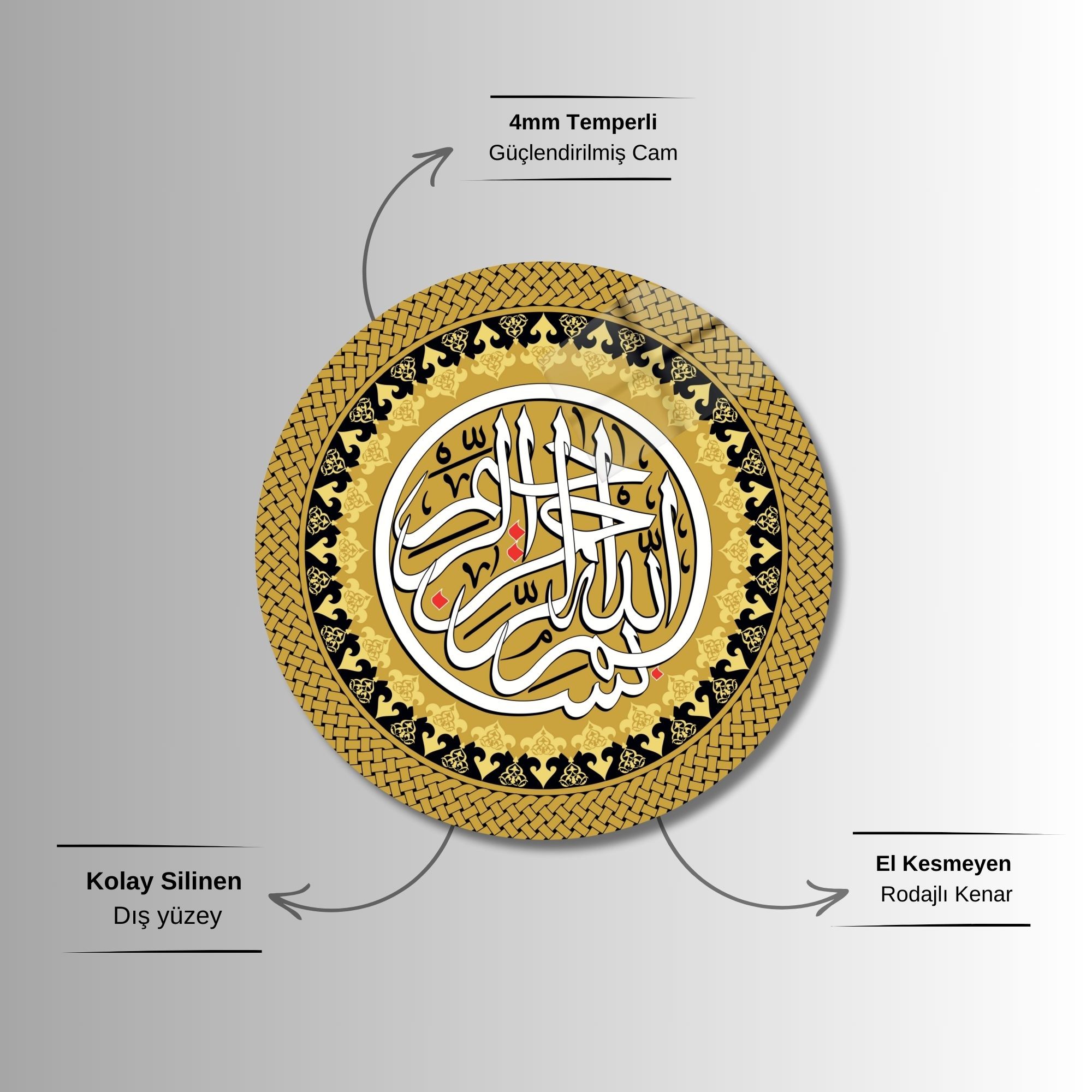 Yuvarlak Temperli Gerçek Cam Dini Tablo Bismillahirrahmanirrahim