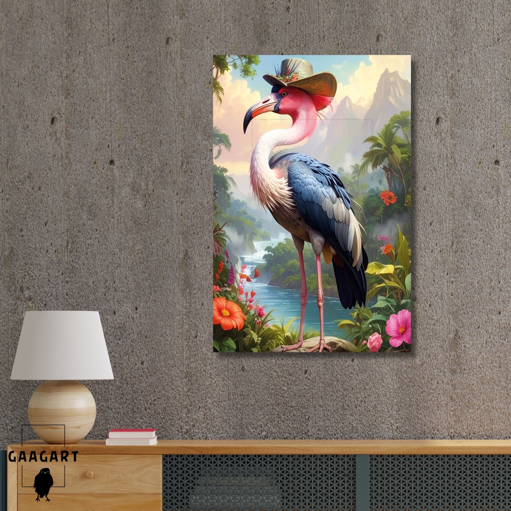 Tekli Dikey Kanvas Tablo Yüksek Kaliteli Renkli Şapkalı Flamingo