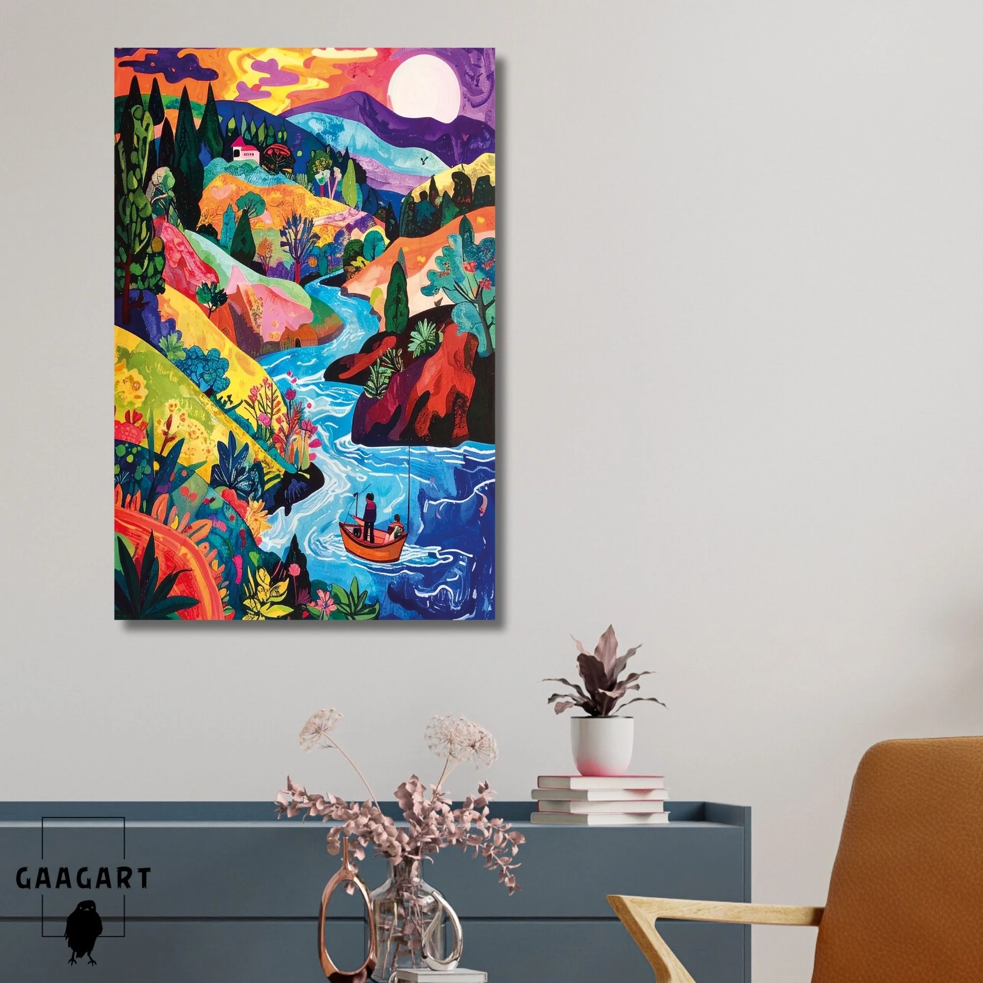 Tekli Dikey Kanvas Tablo Çok Renkli Kayık ve Manzara