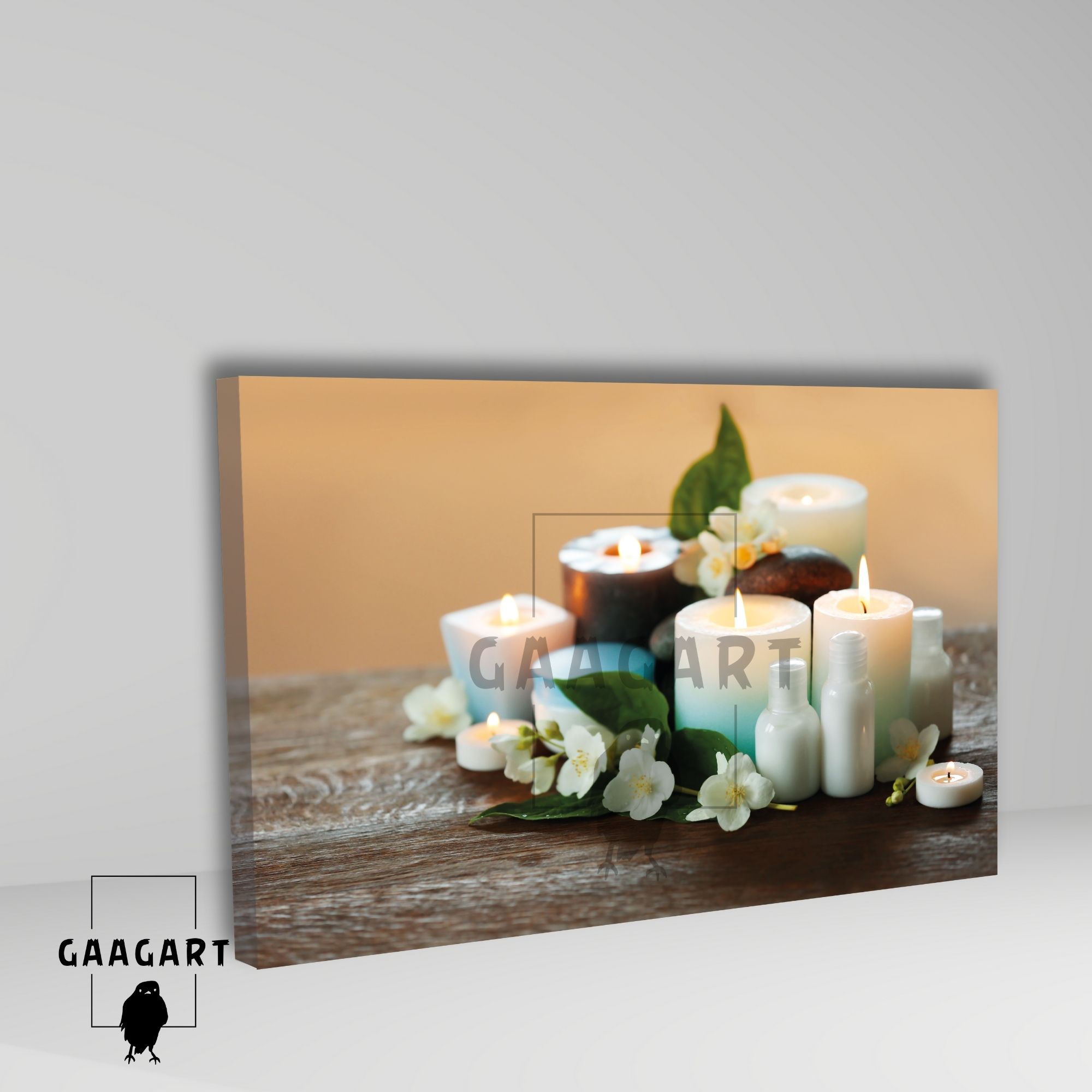 Tekli Yatay Kanvas Duvar Tablosu Beyaz Çiçekler Spa Merkezi Mum
