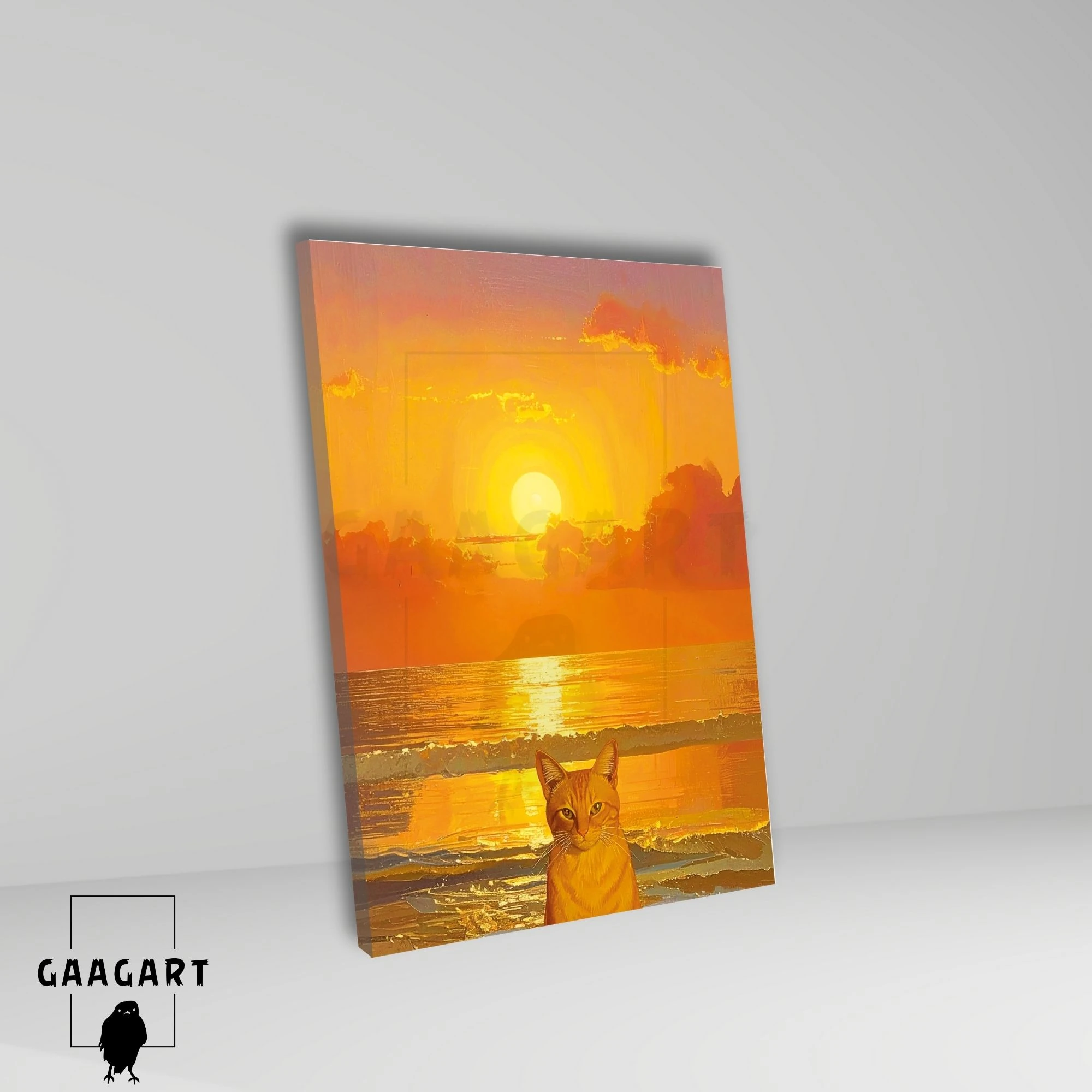 Tekli Dikey Kanvas Tablo Gün Batımı Ve Sarı Kedi Sarman
