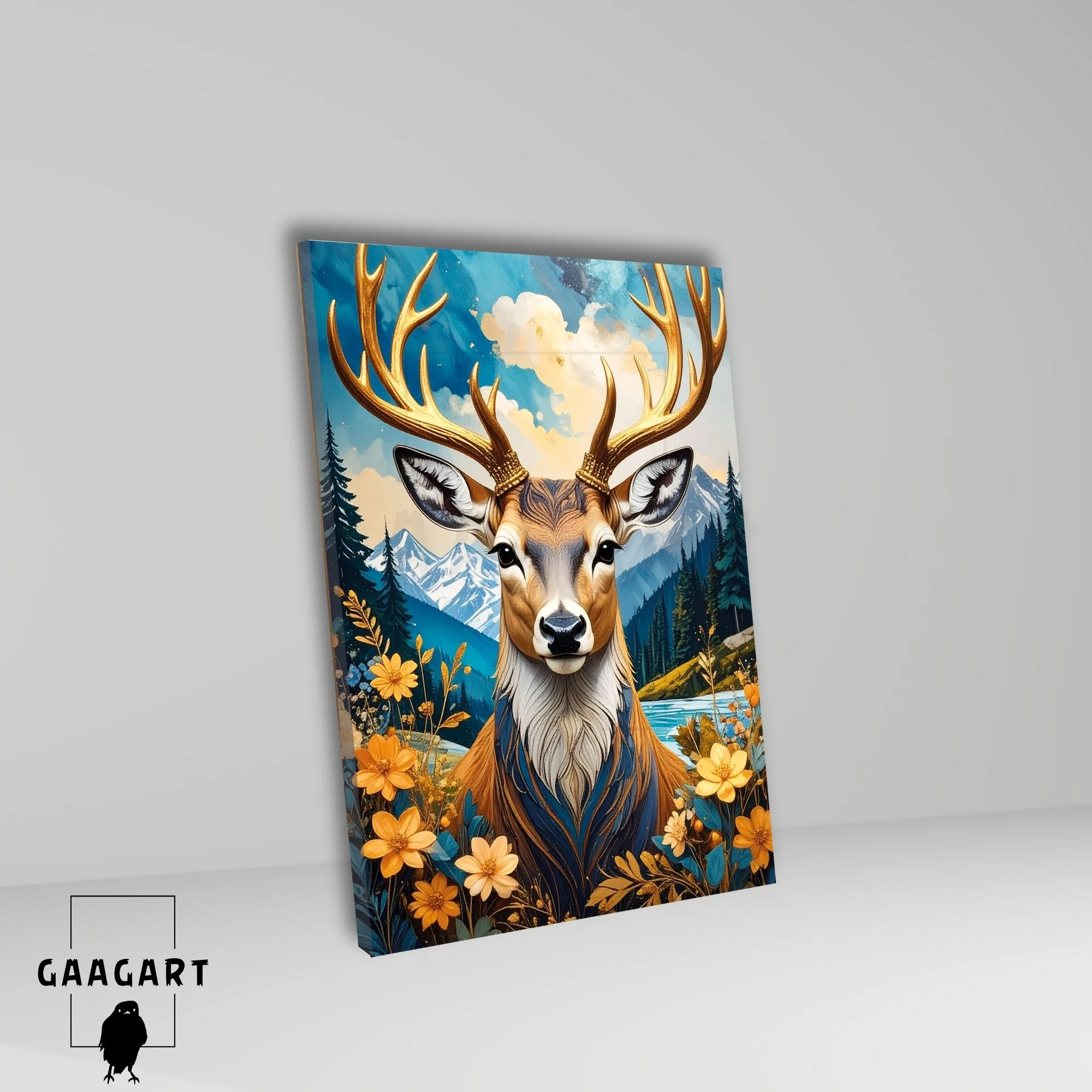 Tekli Dikey Kanvas Tablo Çiçekler ve Manzarada Geyik