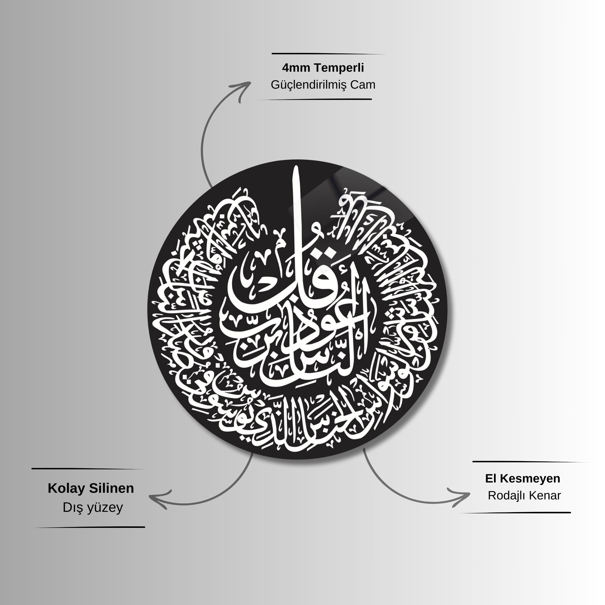 Yuvarlak Temperli Gerçek Cam Dini Tablo Siyah Beyaz Nas Suresi