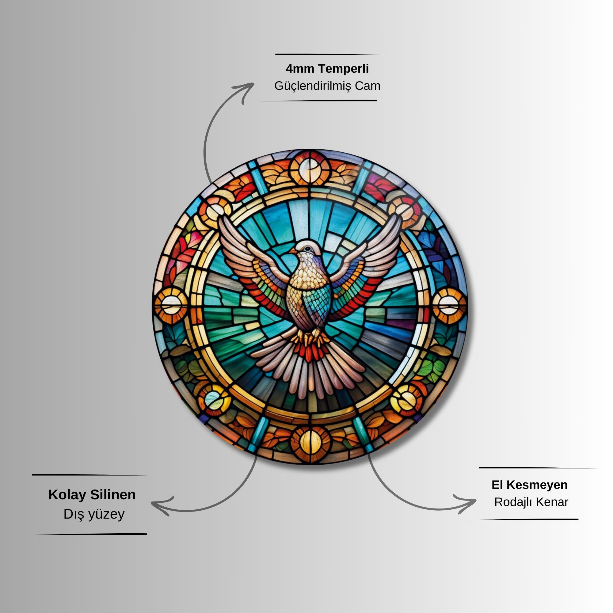 Yuvarlak Temperli Gerçek Cam Tablo Renkli Kuş Desenli Vitray