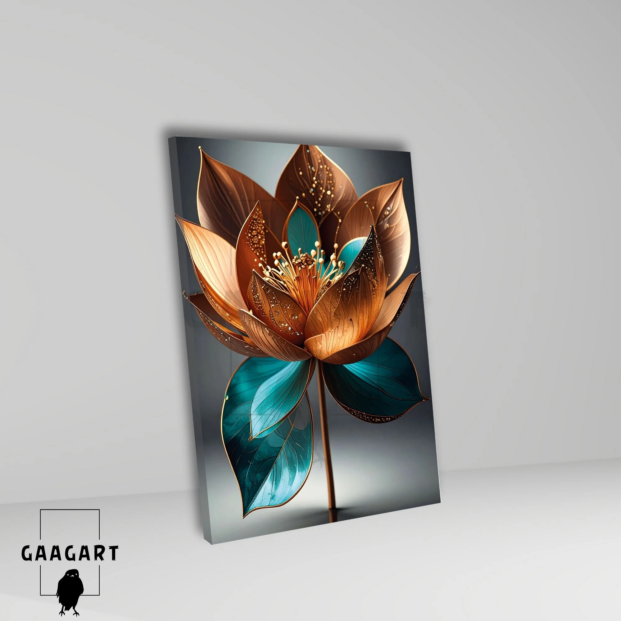 Tekli Dikey Kanvas Tablo Bakır Turkuaz Lotus Çiçeği