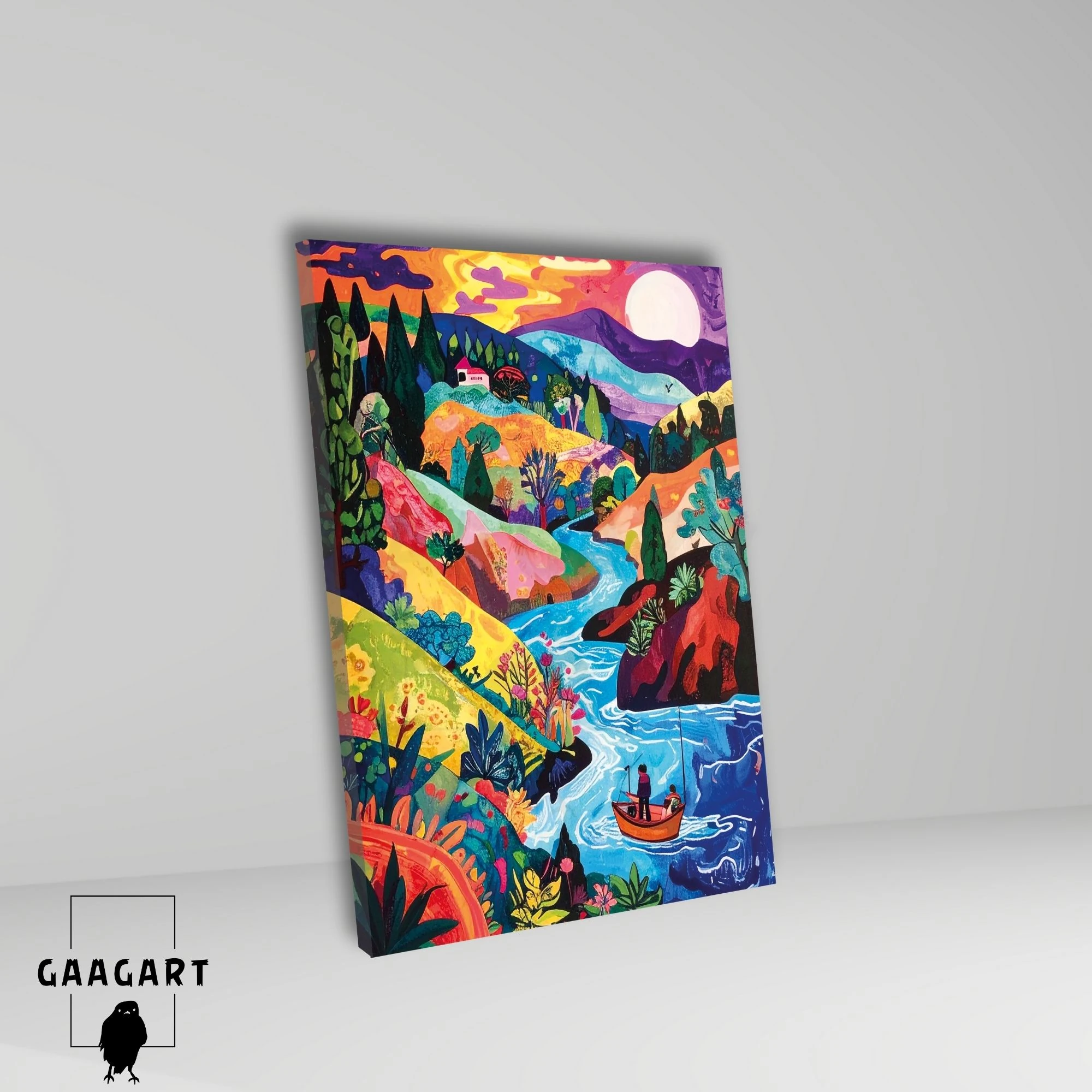 Tekli Dikey Kanvas Tablo Çok Renkli Kayık ve Manzara