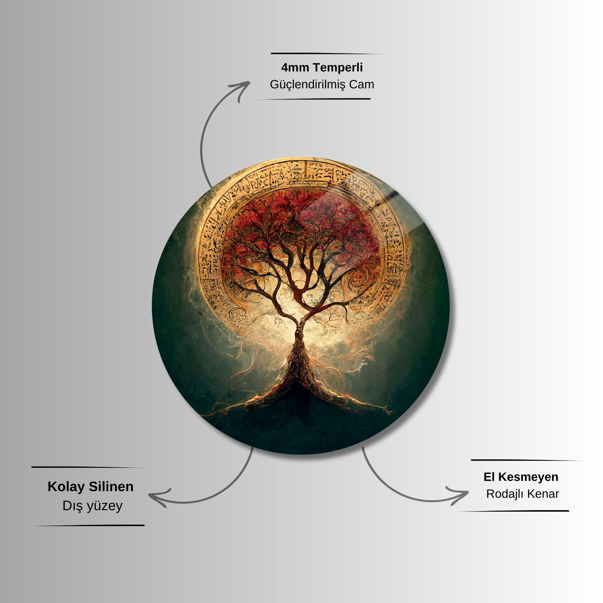 Yuvarlak Temperli Gerçek Cam Tablo Etnik Yazılı Ağaç Görseli