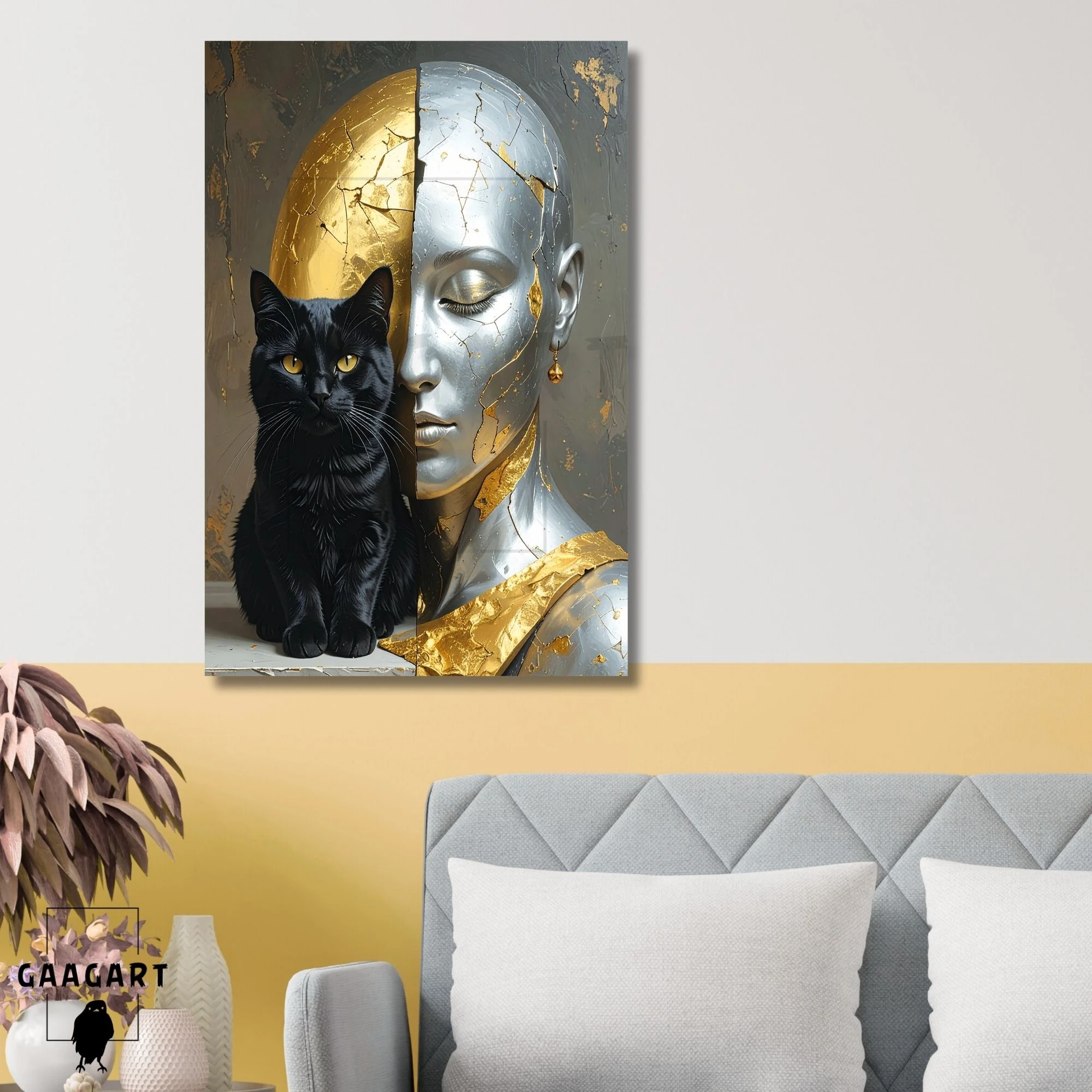 Tekli Dikey Kanvas Tablo Siyah Kedi ve Gold Gümüş Kadın Silüeti