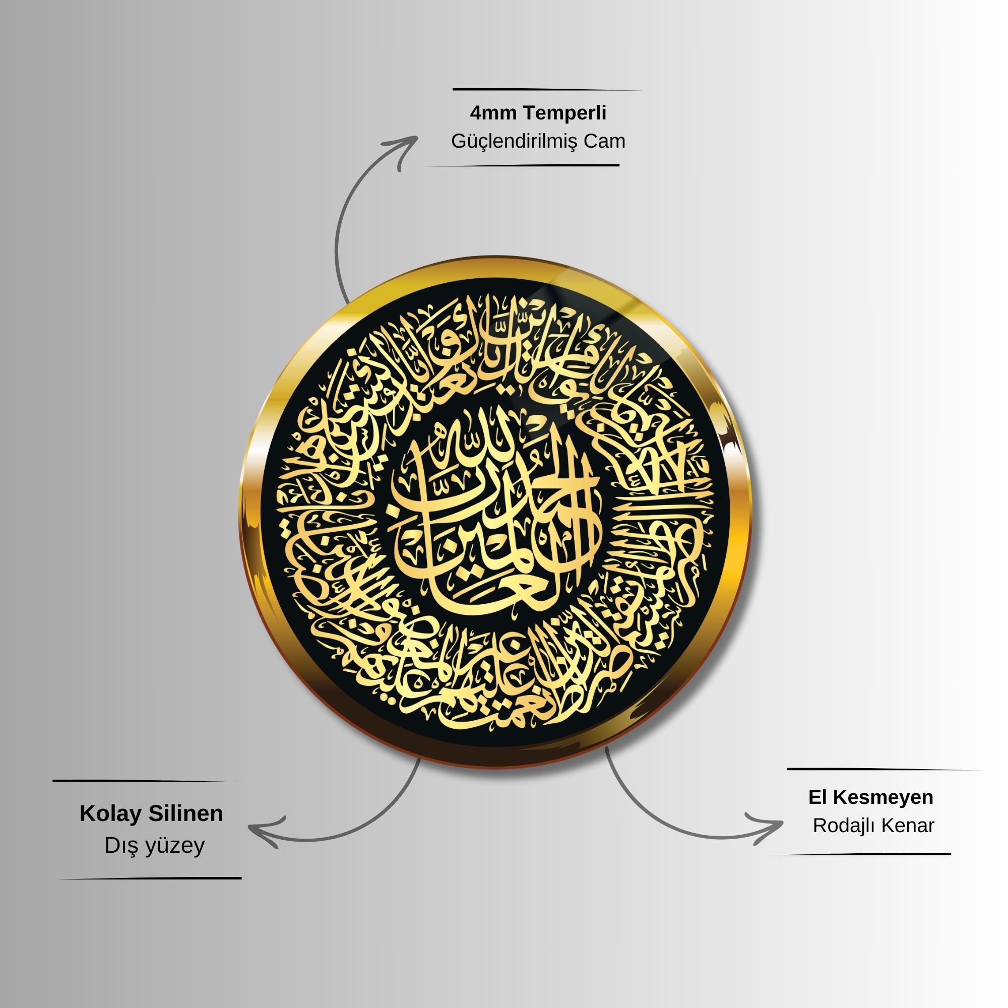 Yuvarlak Temperli Gerçek Cam Dini Tablo Gold Fatiha Suresi