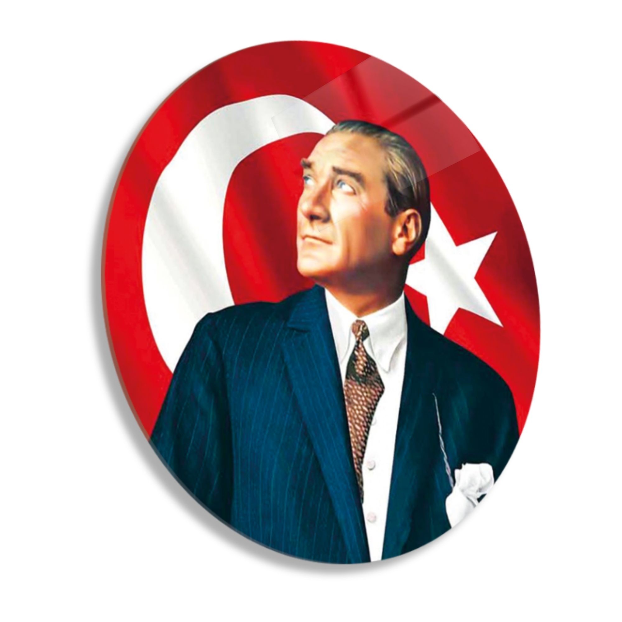 Yuvarlak Temperli Gerçek Cam Tablo Bayrak ve Atatürk Portresi