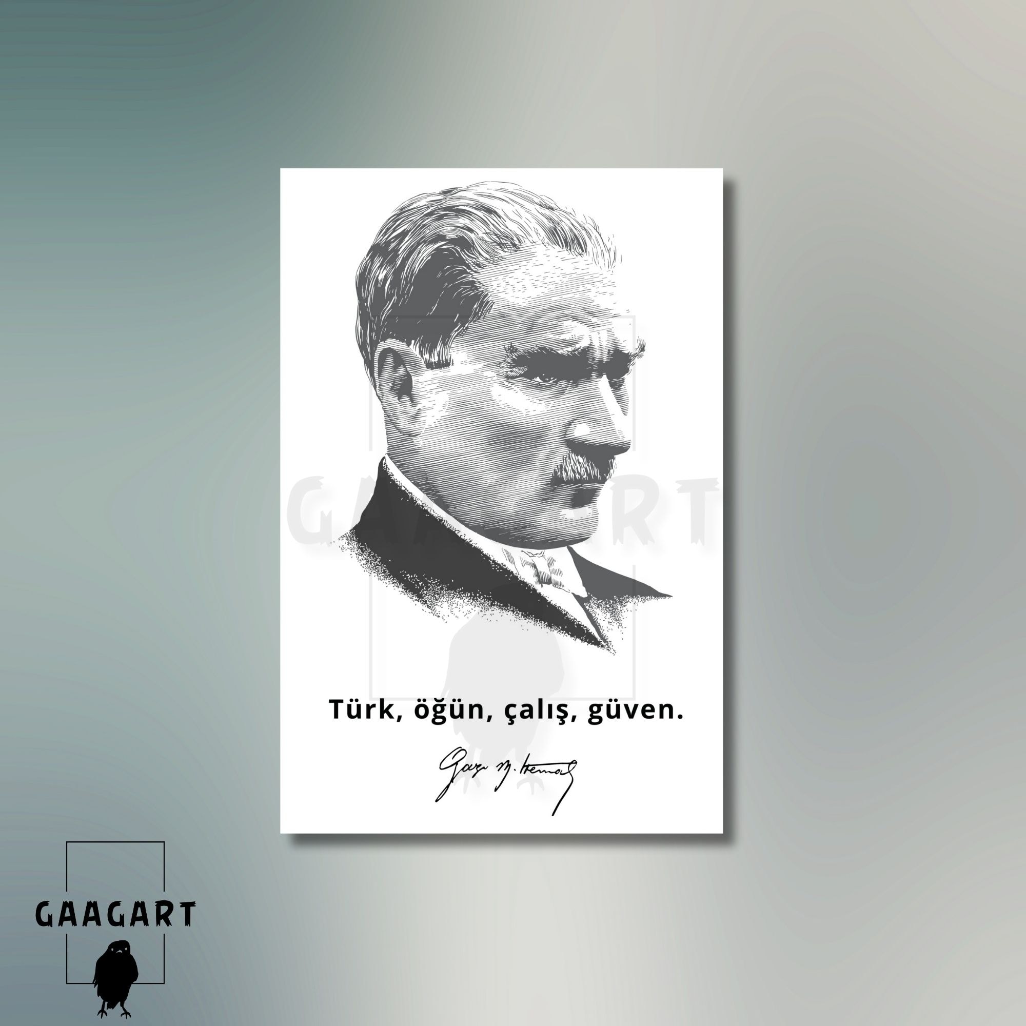 Tekli Dikey Kanvas Makam Panosu Atatürk Sözleri Siyah Beyaz Türk, öğün, çalış, güven.