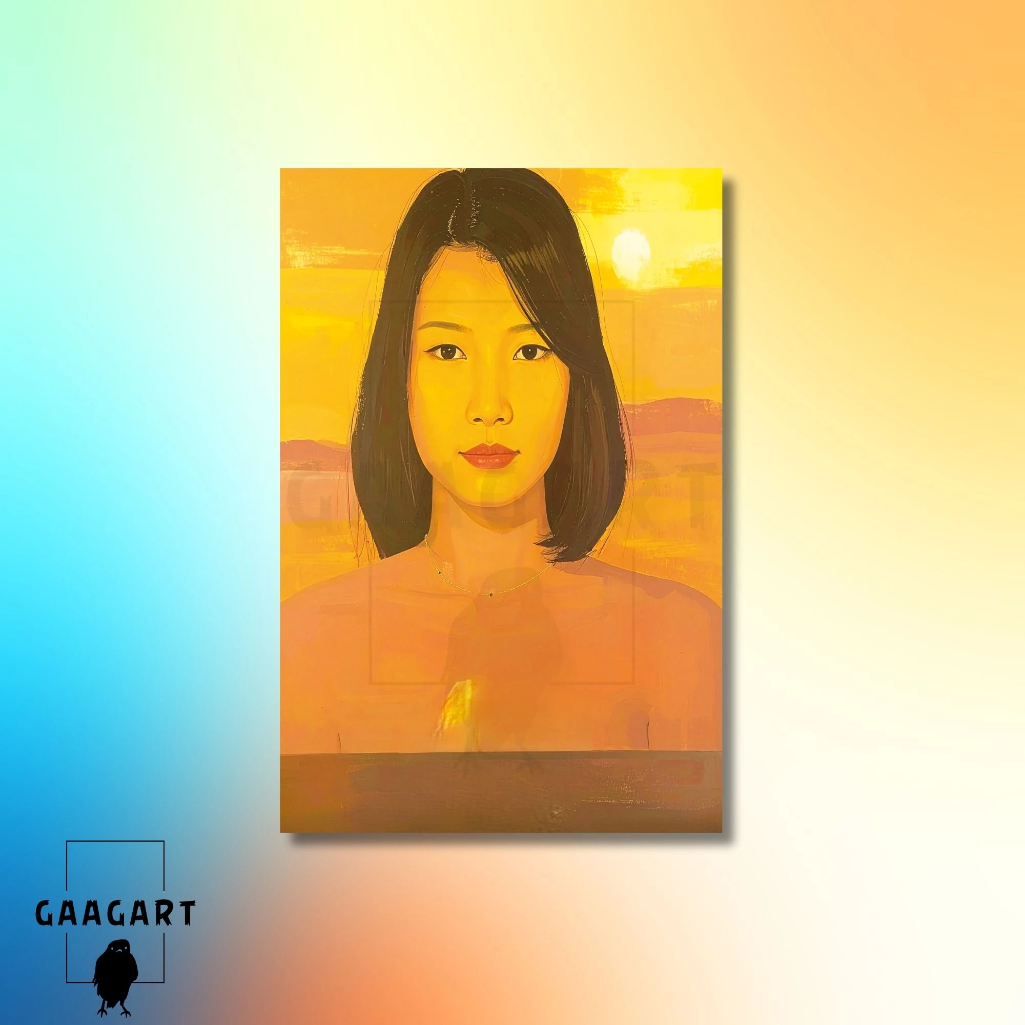 Tekli Dikey Kanvas Tablo Sarı Fon Ve Asyalı Kadın