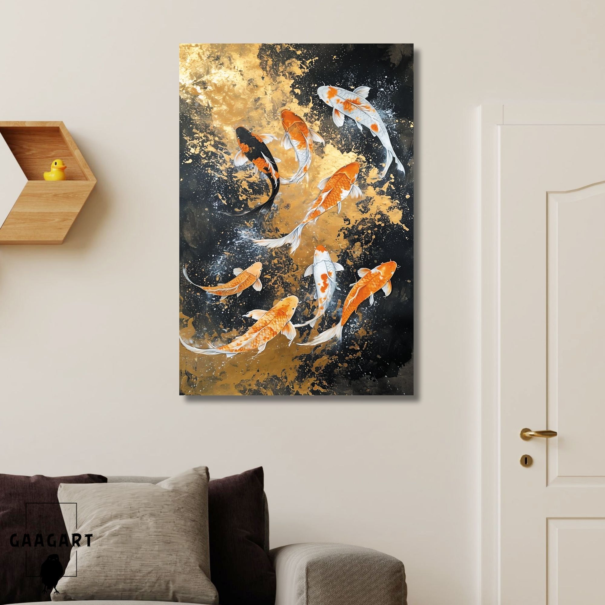 Tekli Dikey Kanvas Tablo Japon Koi Sazan Balığı Sürüsü