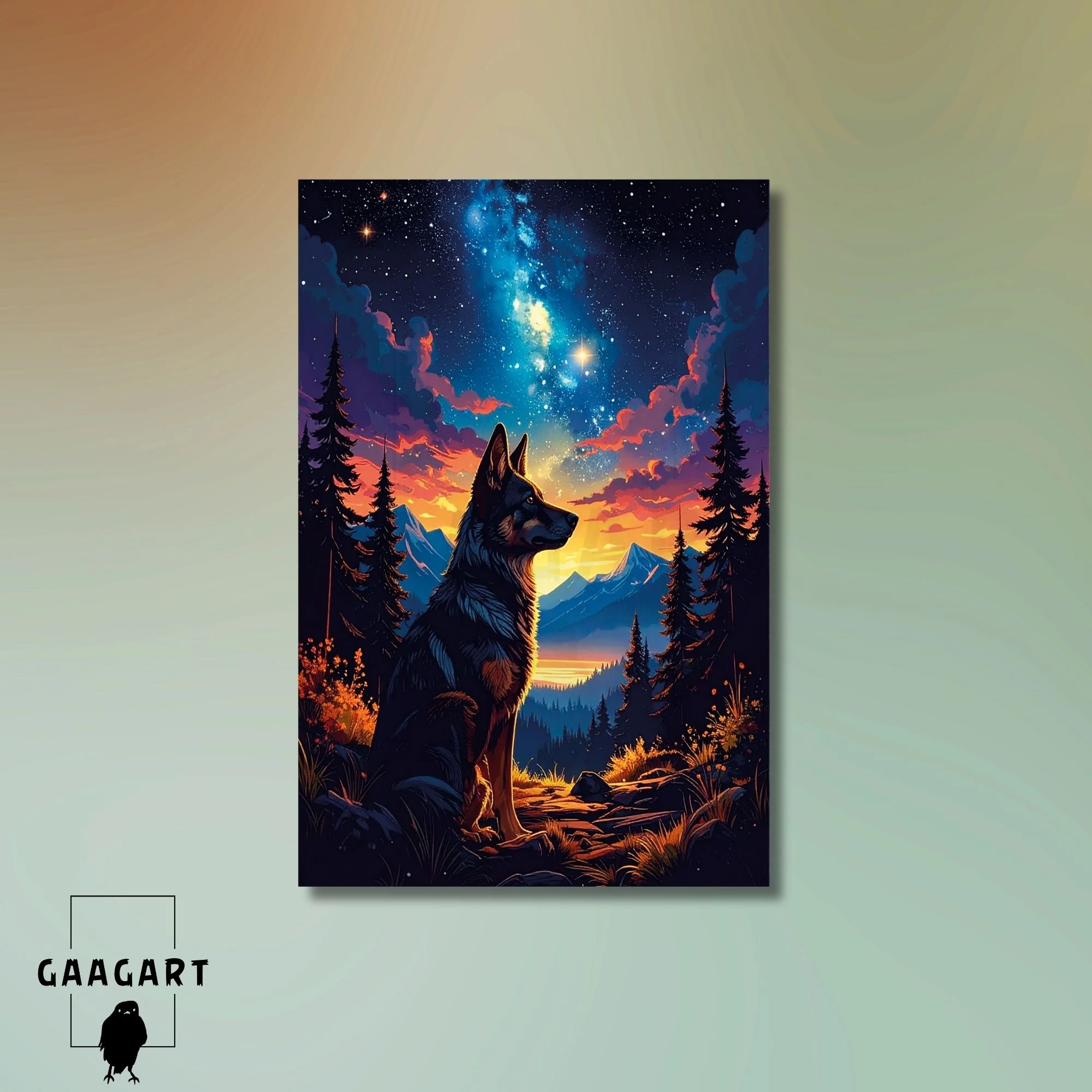 Tekli Dikey Kanvas Tablo Yıldızlar Ve Manzarada Kurt