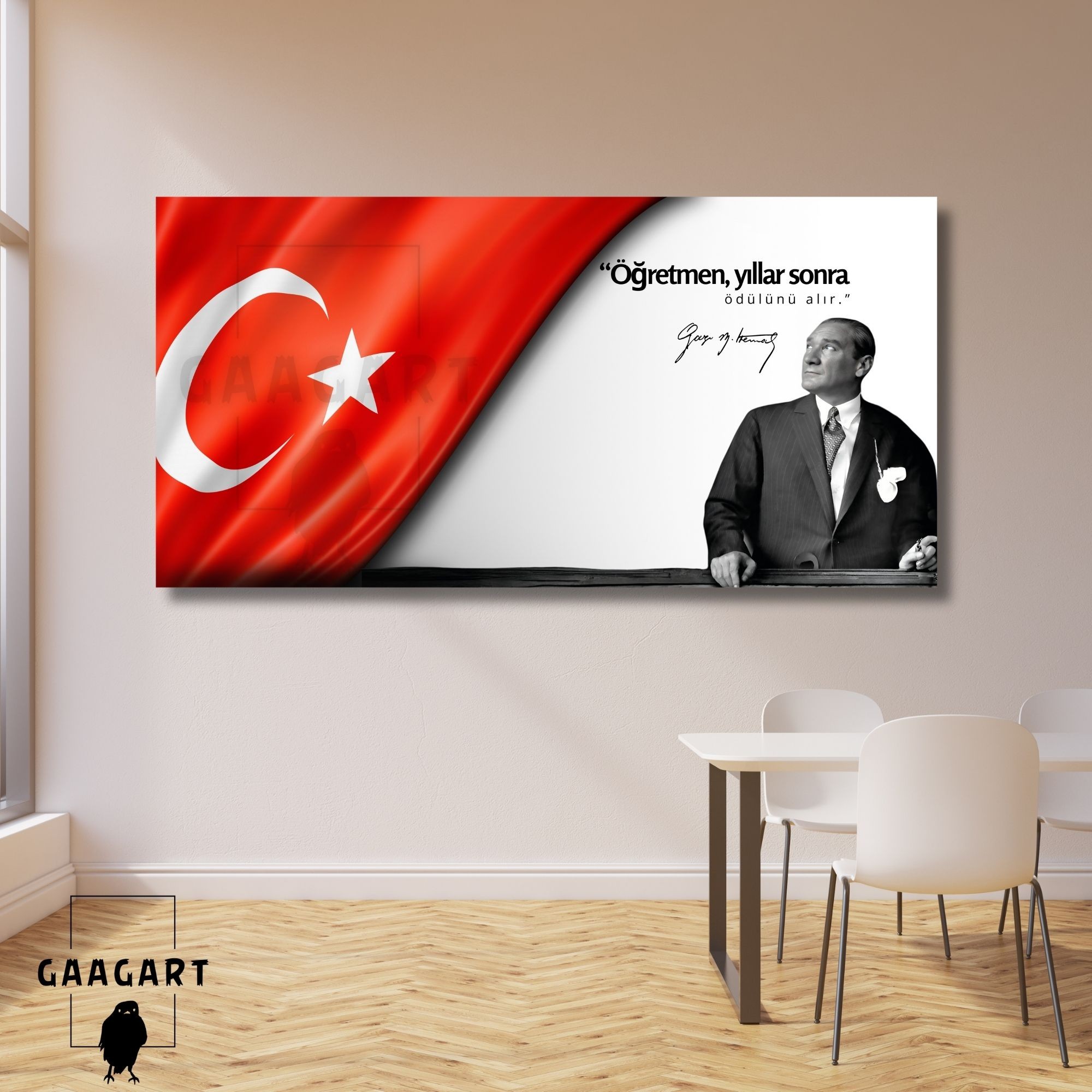 Panoramik Kanvas Makam Panosu Atatürk ve Bayrak “Öğretmen, yıllar sonra ödülünü alır.”