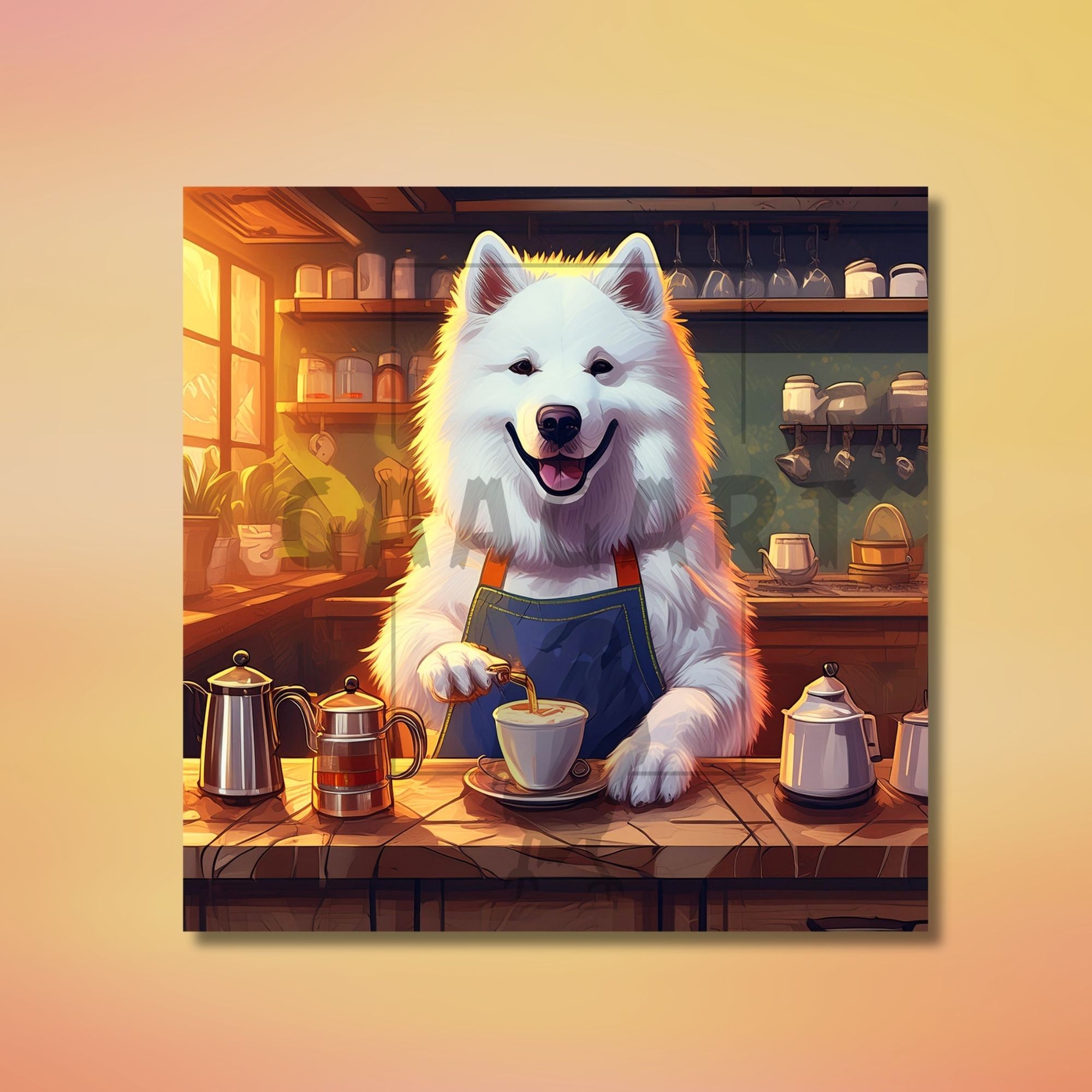 Kare Kanvas Kahve Köşesi Cafe Tablosu Barista Samoyed Köpek