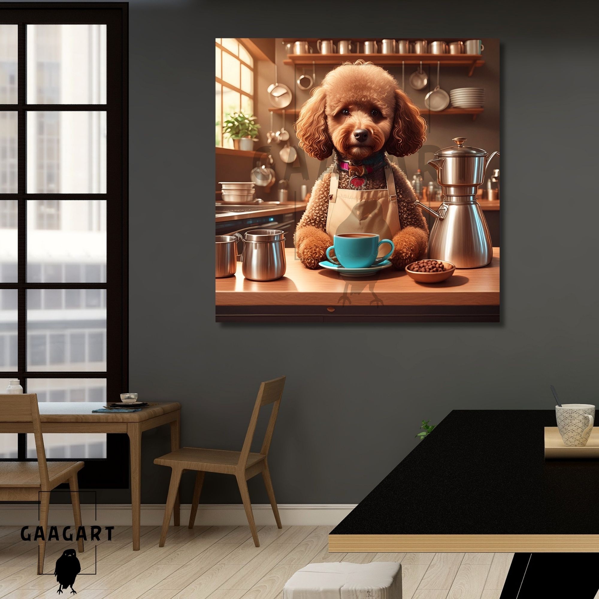 Kare Kanvas Kahve Köşesi Cafe Tablosu Barista Kahverengi Poodle