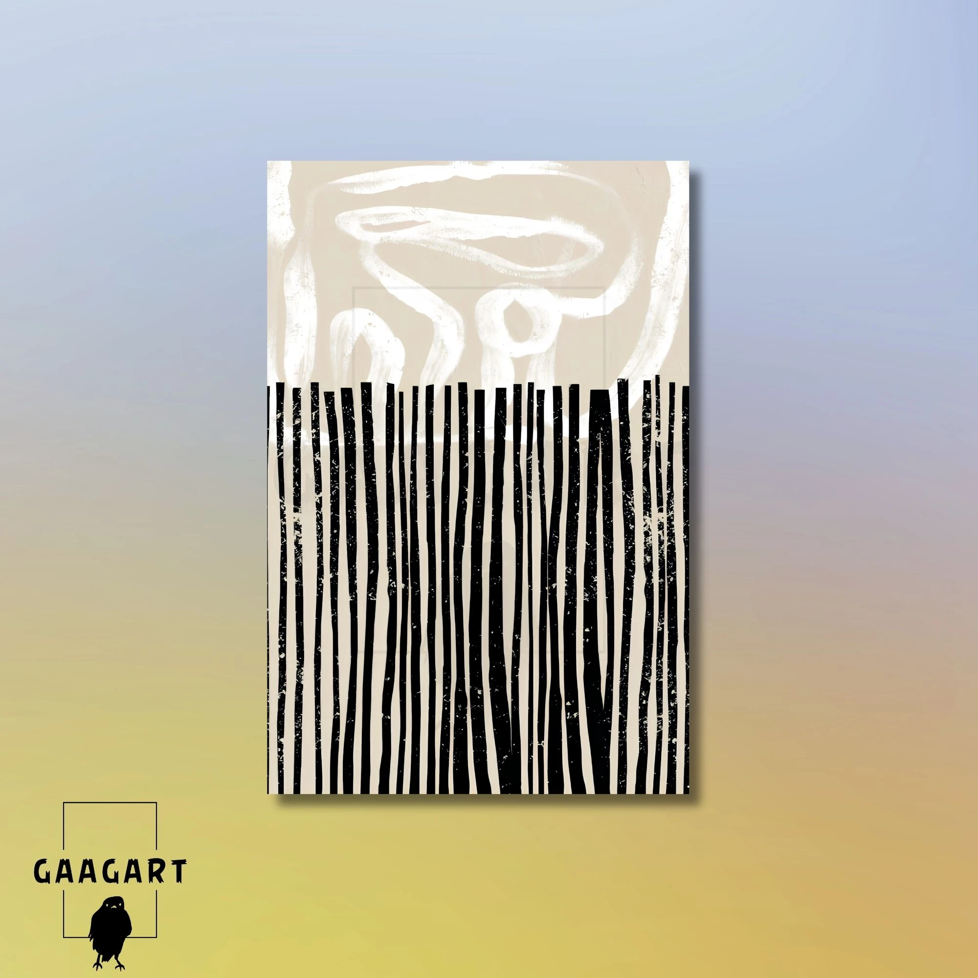 Tekli Dikey Kanvas Tablo Soyut Kremrengi Siyah Bohem Desen