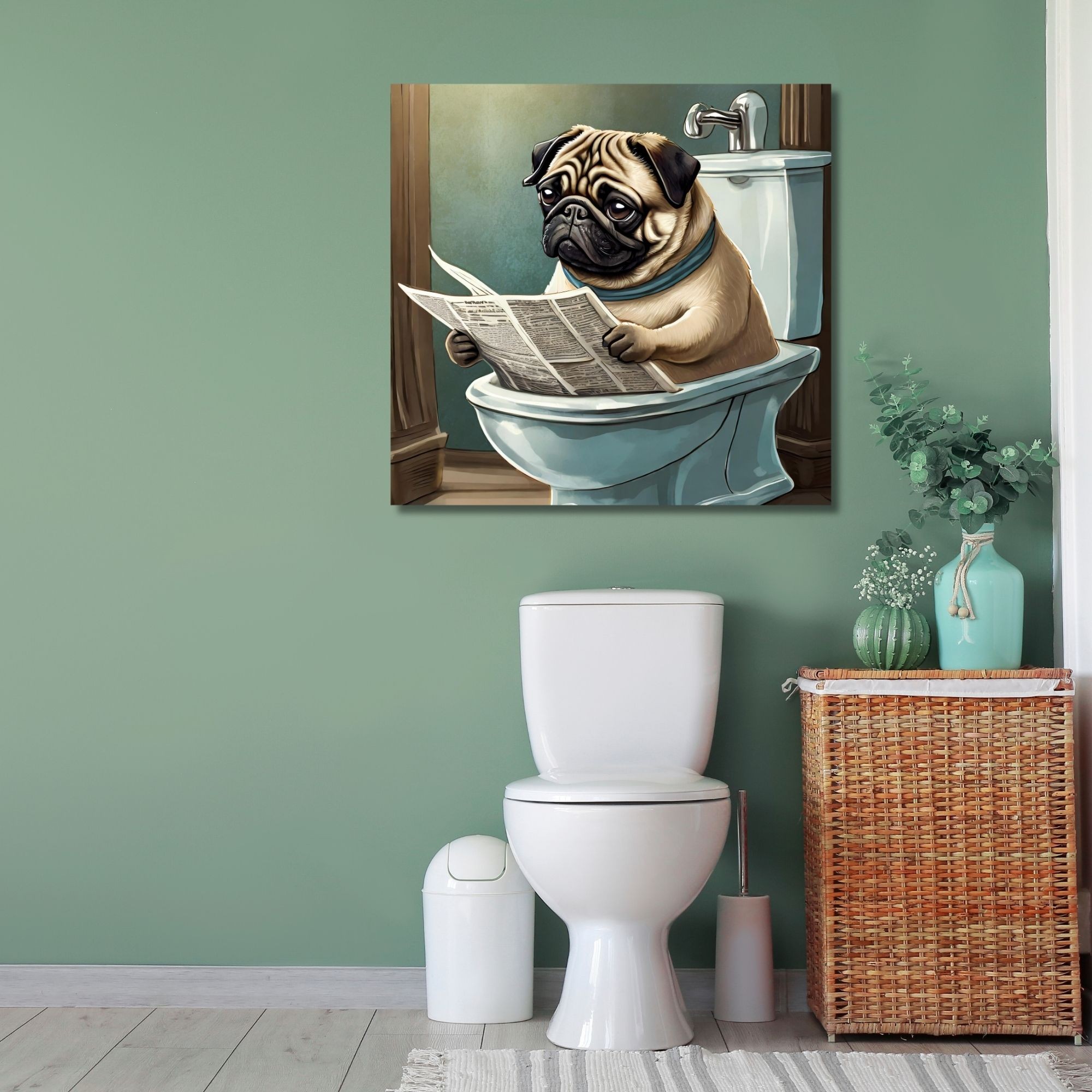 Tekli Kare Kanvas Banyo Tablosu Gazete Okuyan Pug Köpek