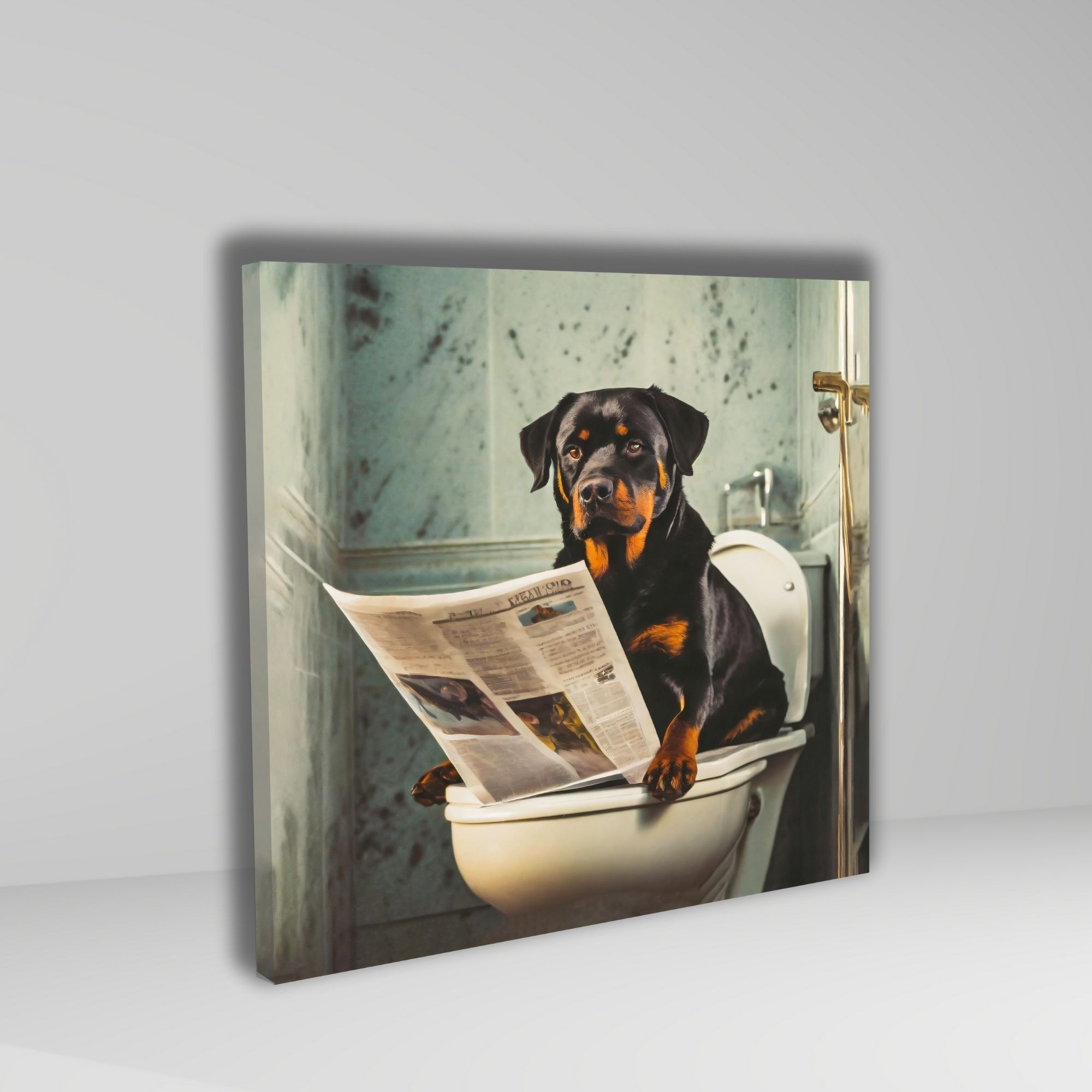 Tekli Kare Kanvas Banyo Tablosu Gazete Okuyan Rottweiler Köpek