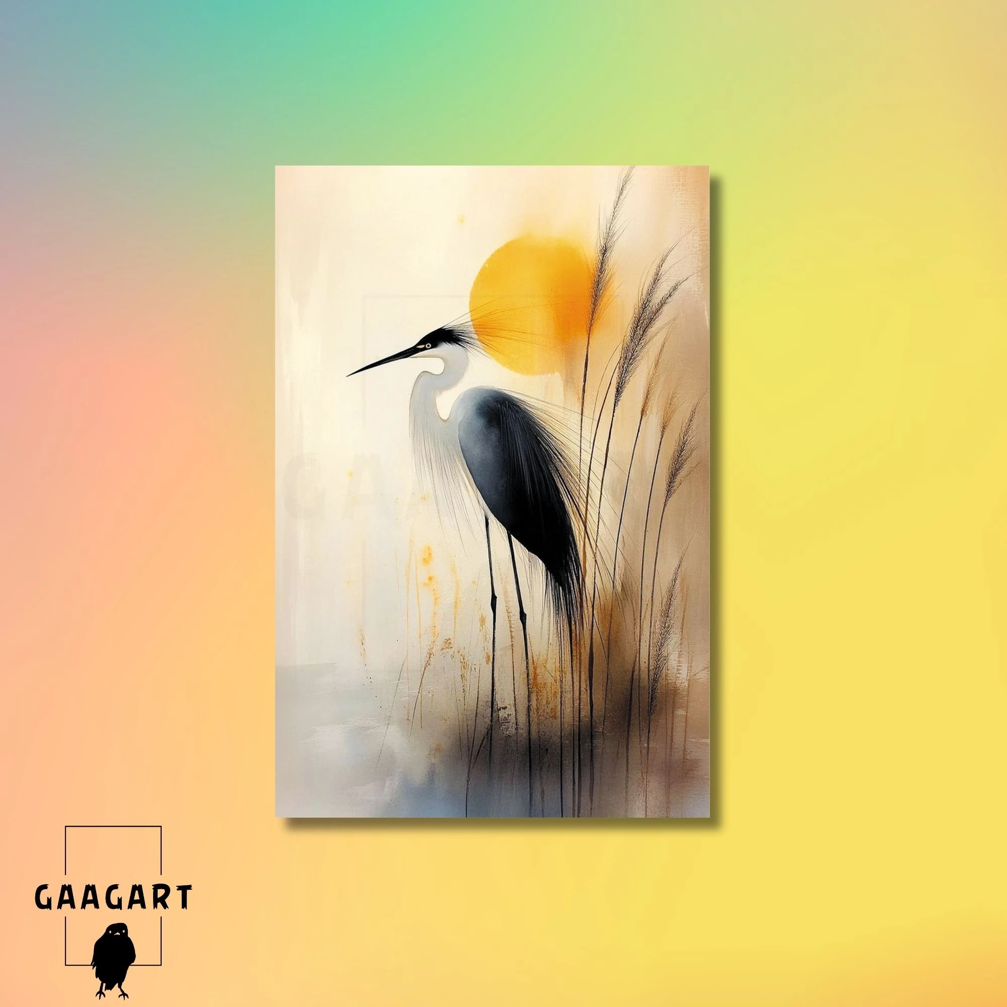 Tekli Dikey Kanvas Tablo Soyut Ak Balıkçıl İllüstrasyonu