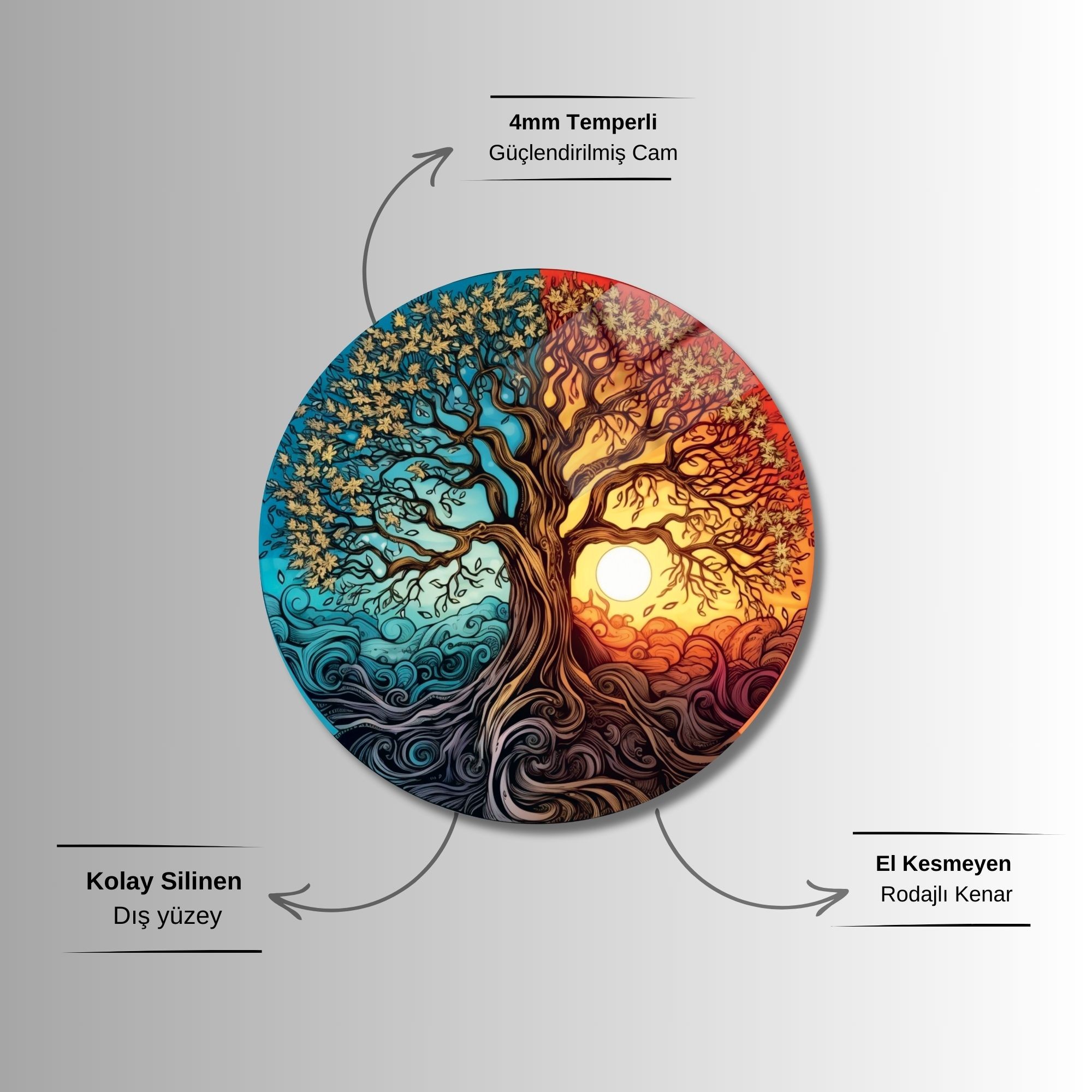 Yuvarlak Temperli Gerçek Cam Tablo Hayat Gece Gündüz Ağaç Tasarımı