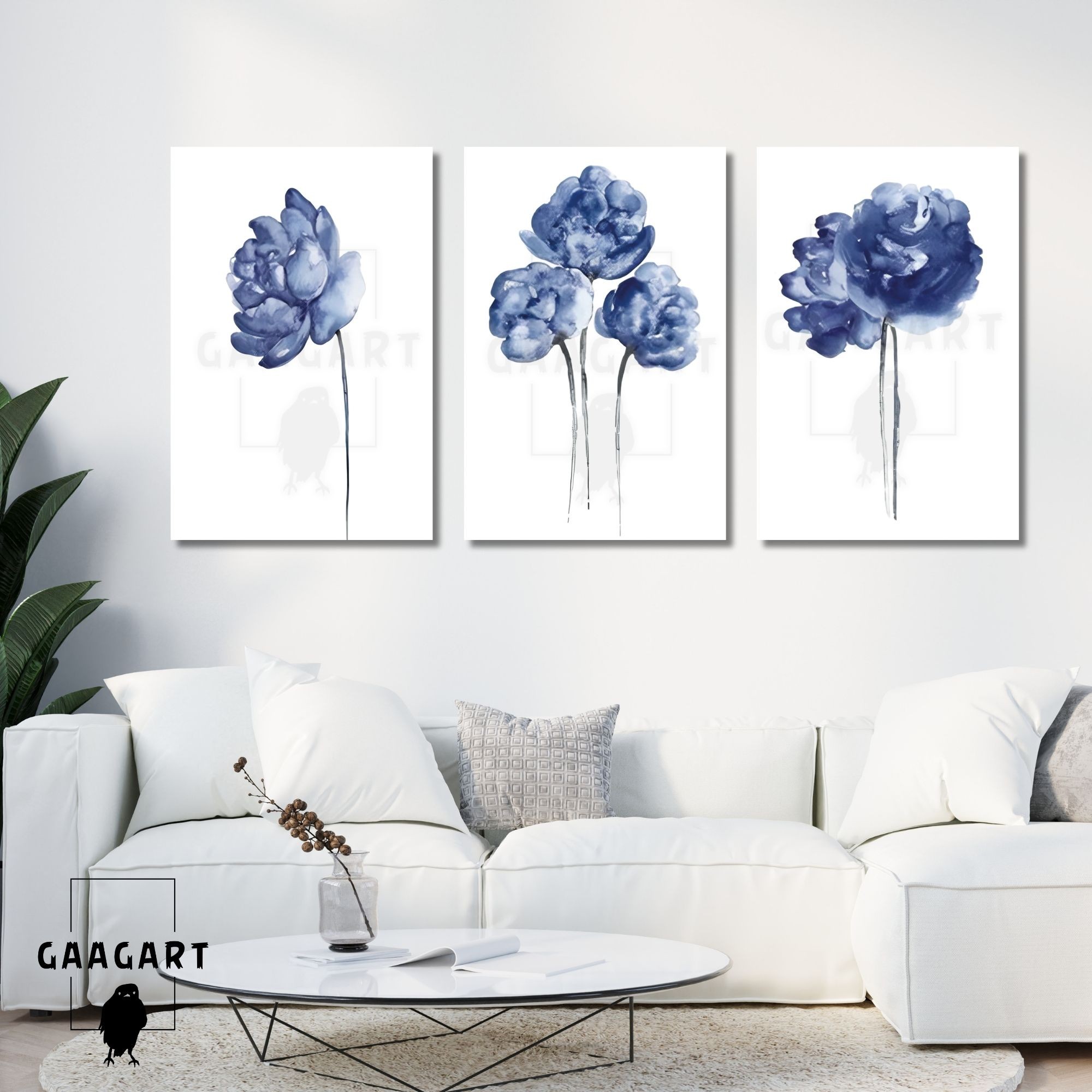 3'lü Kanvas Salon Tablosu Seti Pastel Soft Mavi Çiçekler