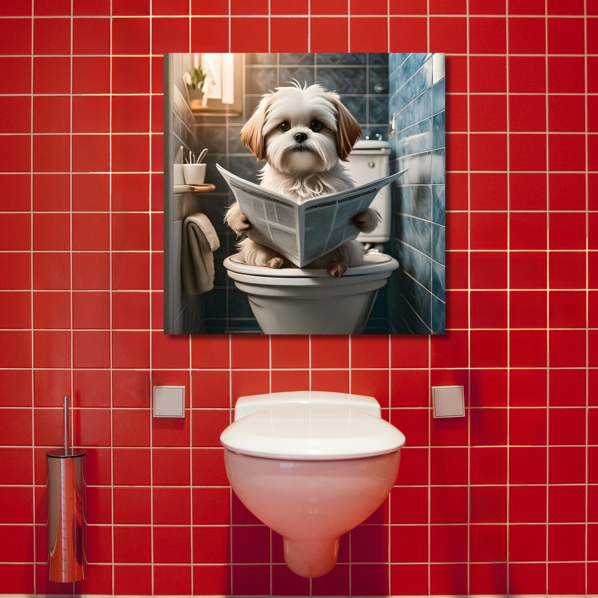 Tekli Kare Kanvas Banyo Tablosu Gazete Okuyan Shih Tzu Köpek