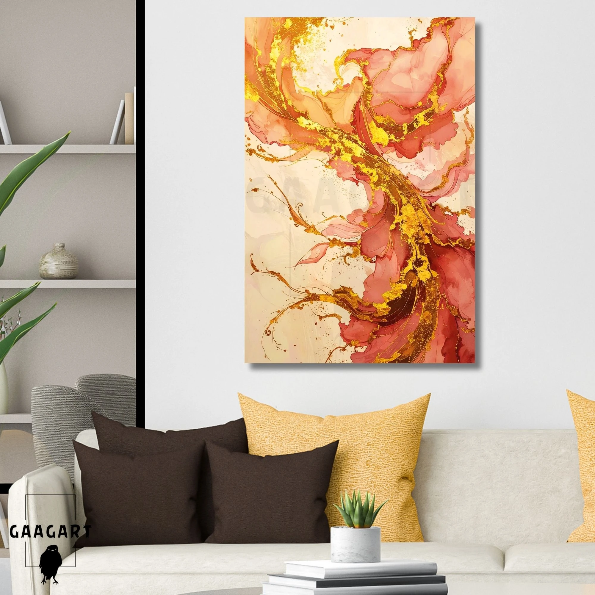 Tekli Dikey Kanvas Tablo Soyut Sanatsal Renkler Mercan