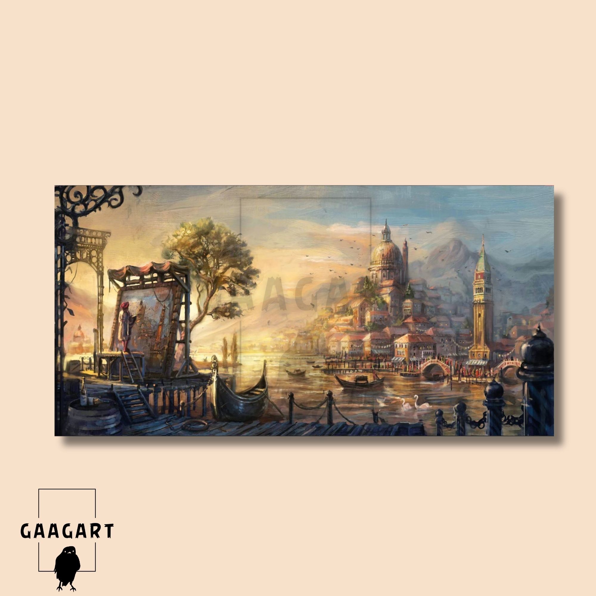 Panoramik Kanvas Duvar Tablosu Soyut Yağlı Boya Görünümlü Venedik'te Ressam