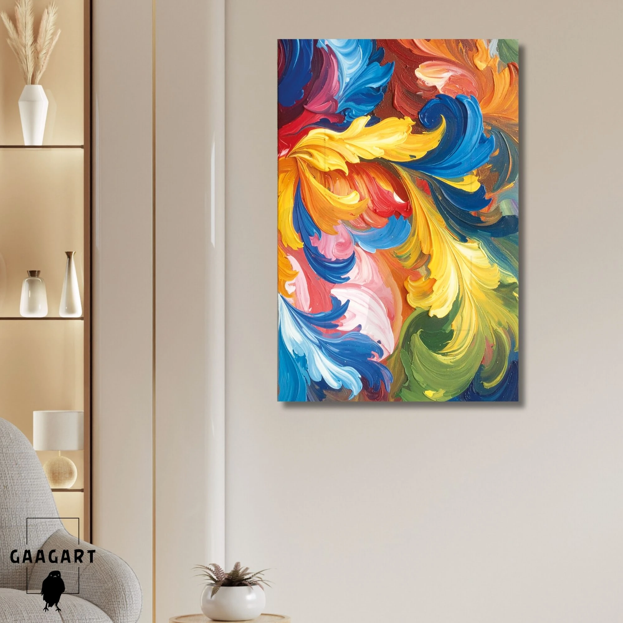 Tekli Dikey Kanvas Tablo Soyut Yaprak Yağlı Boya Görünümlü Fırça Darbeleri