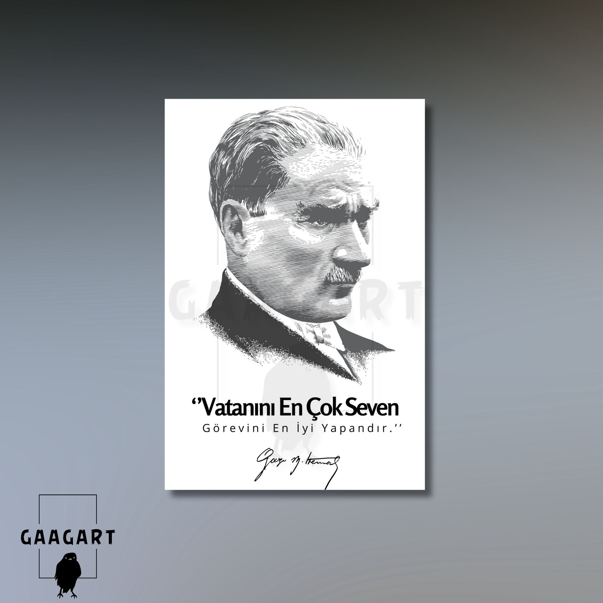 Tekli Dikey Kanvas Siyah Beyaz Atatürk Sözleri Vatanını En Çok Seven Görevini En İyi Yapandır.