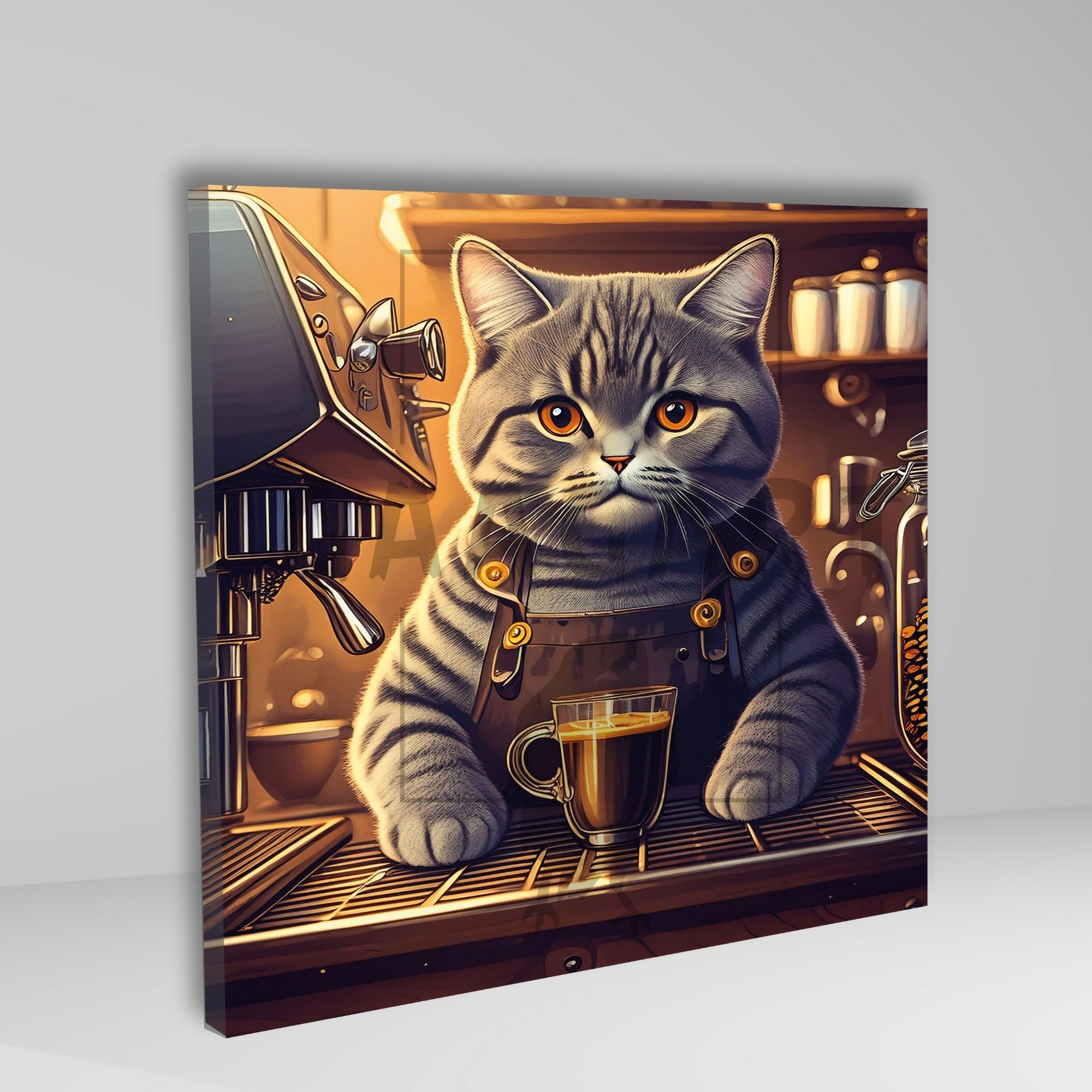 Kare Kanvas Kahve Köşesi Cafe Tablosu Barista British Shorthair