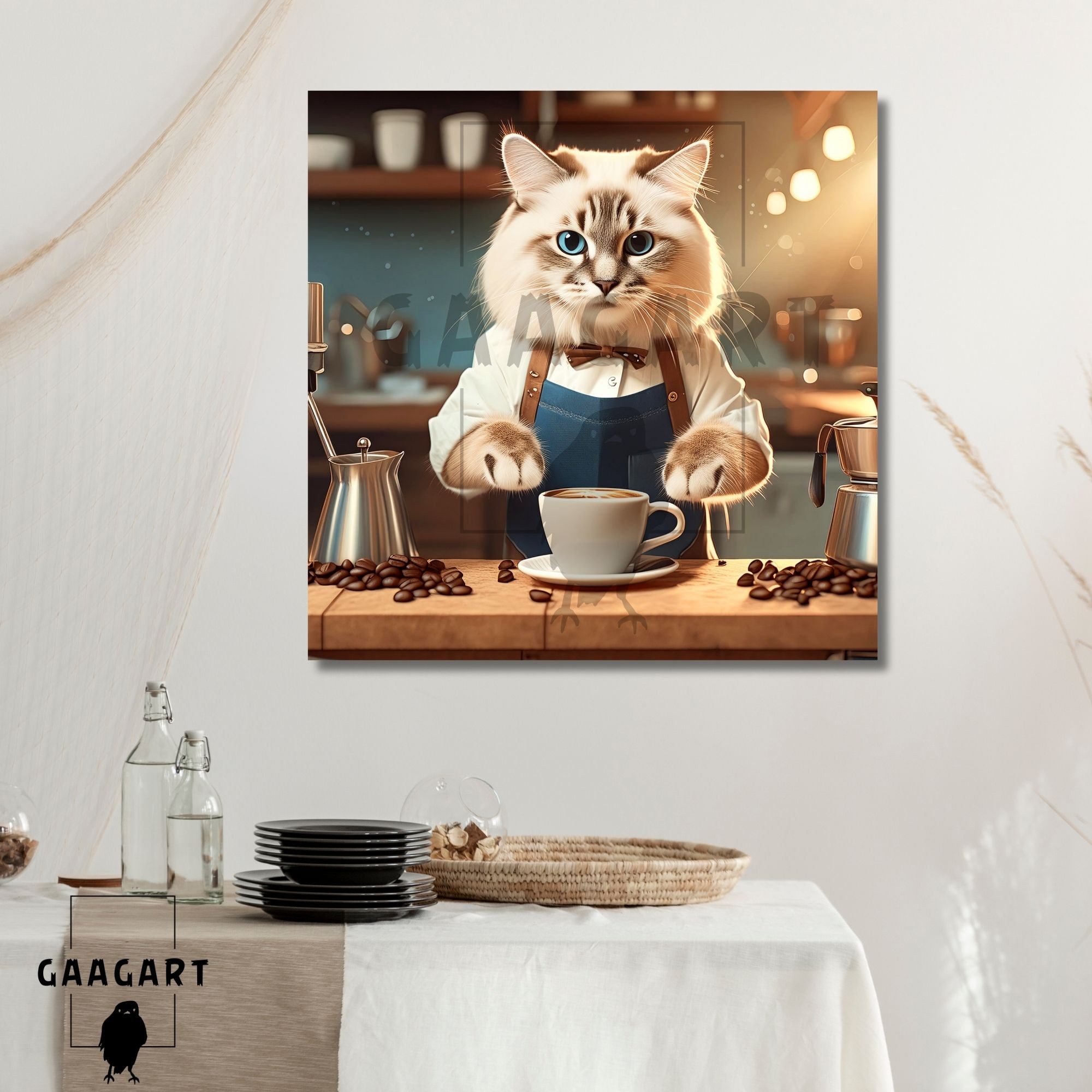 Kare Kanvas Kahve Köşesi Cafe Tablosu Barista Ragdoll Kedisi