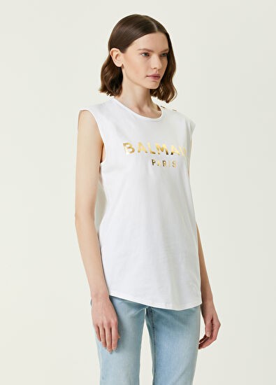 BALMAIN Logo Detaylı Sıfır Kol Beyaz Kadın T-Shirt 318