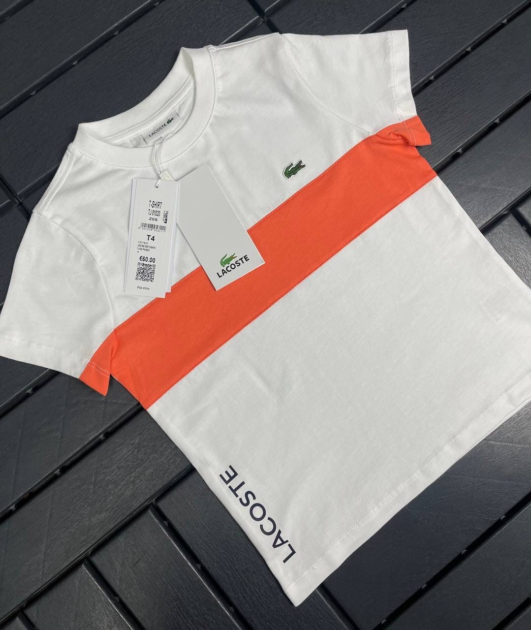 LACOSTE Logo ve Turuncu Şerit Detaylı Beyaz Çocuk T-Shirt 81020