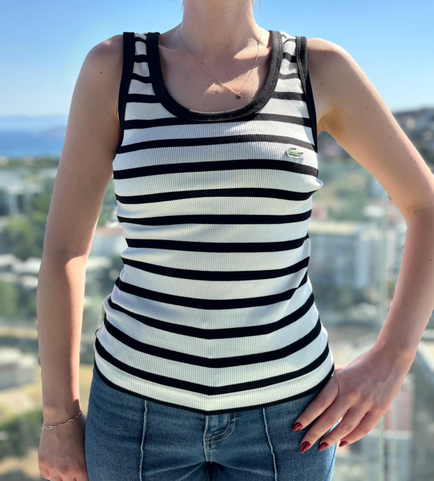 Lacoste Çizgili Beyaz Kadın Atlet BES232