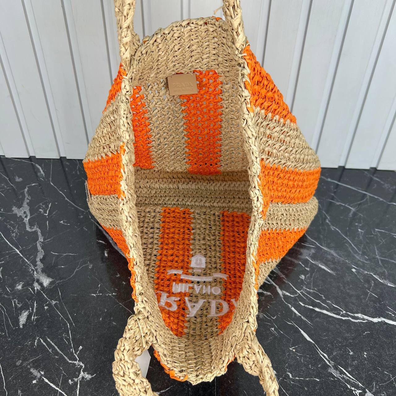 Prada Turuncu Detaylı Raffia Tote Bag 46x34 cm