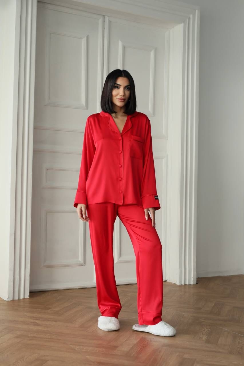 BERHANİ Kırmızı Düz Uzun Kollu Saten Pijama 1491
