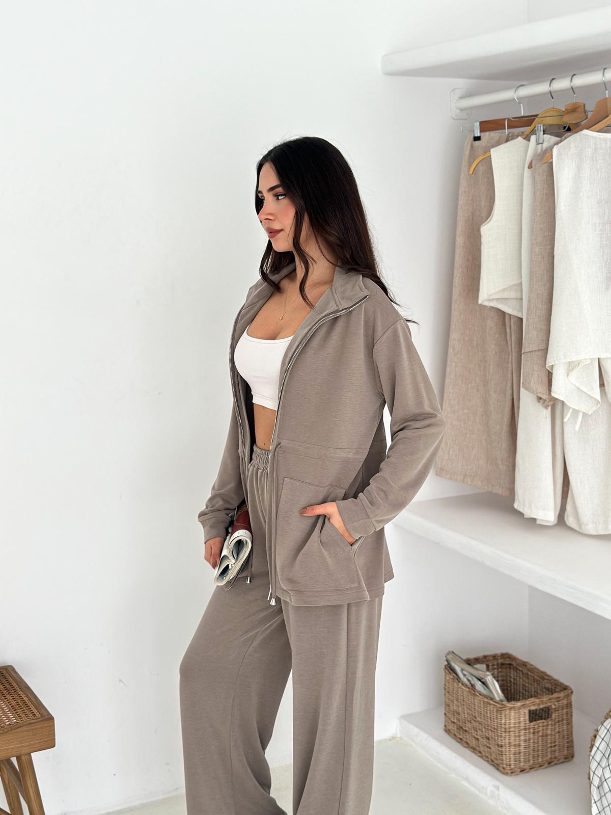 Berhani Modal Kumaş Fermuarlı Bej Kadın Takım YKM31179