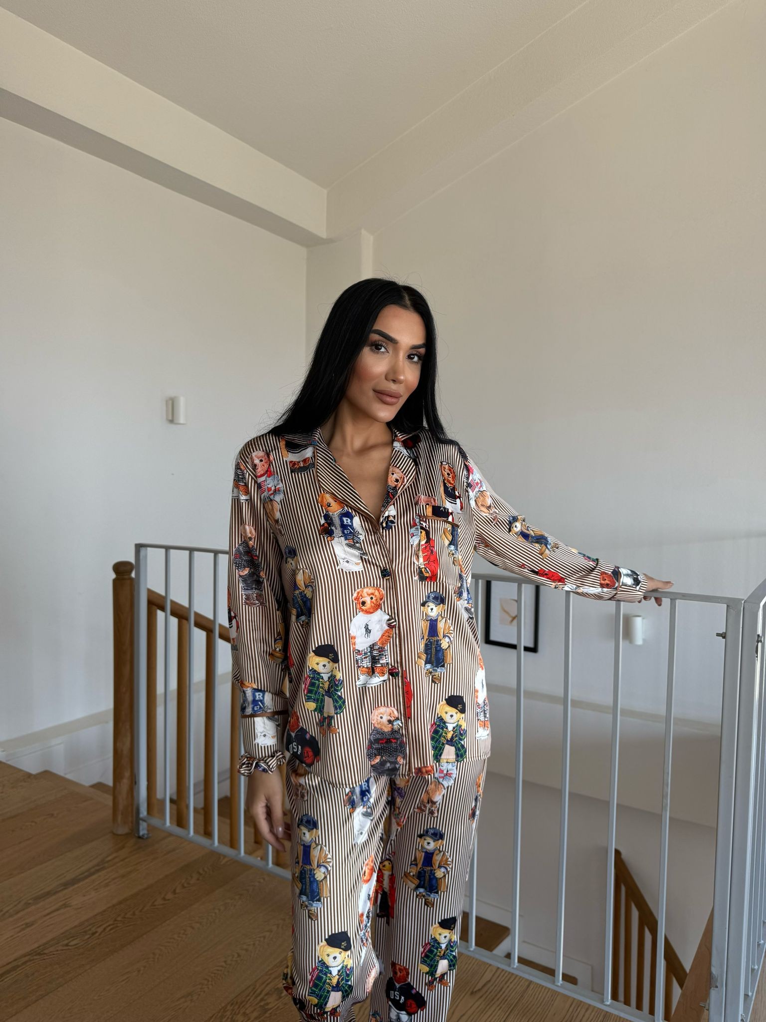 POLO Lastik Bel Kahve Çizgili Ayıcık Uzun Kollu Saten Pijama 0074