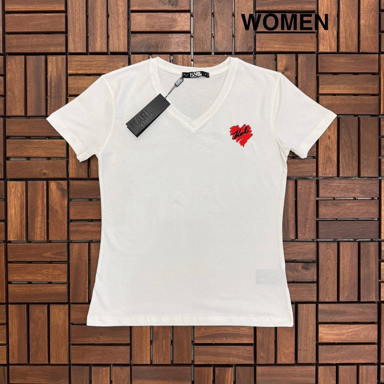 KARL Nakış Detaylı V Yaka Beyaz Kadın T-Shirt BES182