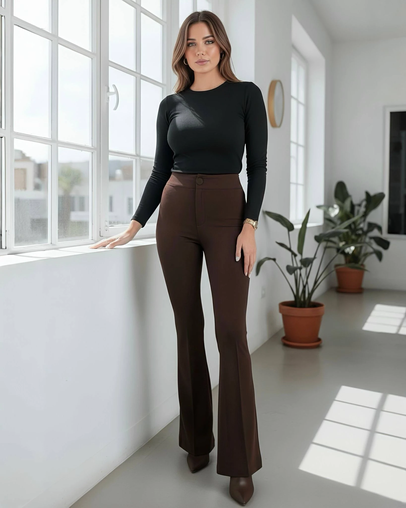 Berhani Düğmeli Kahverengi İspanyol Paça Kadın Pantolon 9029