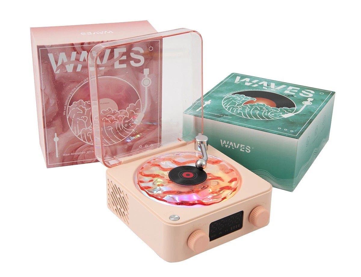 Waves Vintage Vinil Pembe Plak Çalar Ayarlanabilir Işıklı Bluetooth Hoparlör 