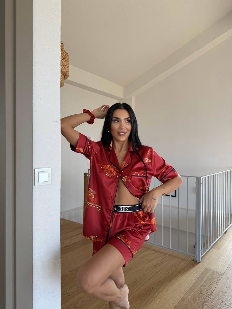 POLO Jokey Lastik Bel Bordo Kısa Kollu Saten Pijama 0061