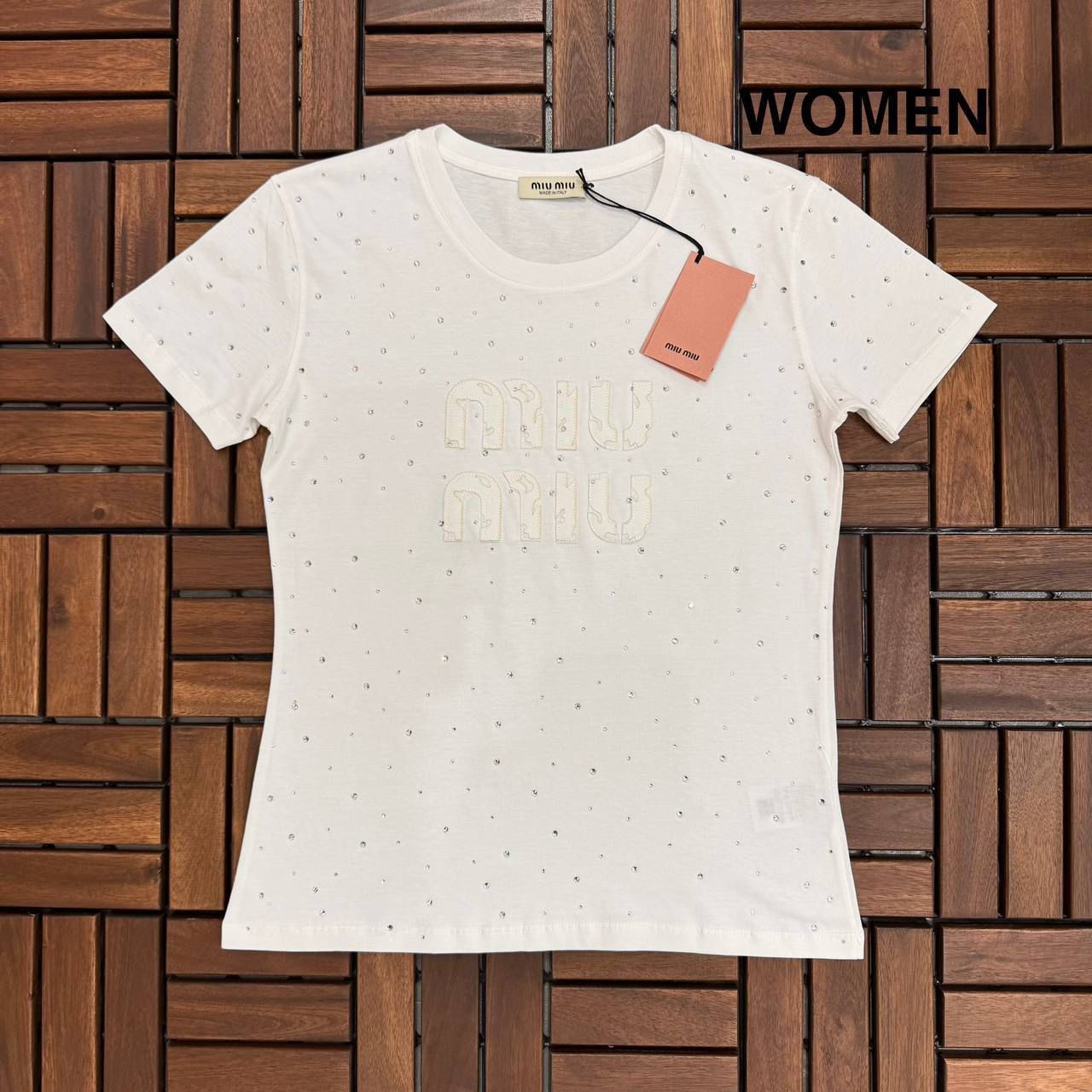 MIU MIU Taş Detaylı Beyaz Kadın T-Shirt BES11