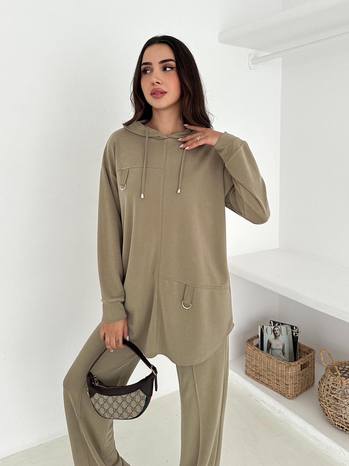 Berhani Modal Kumaş Toka Detaylı Bej Kadın Takım YKM31180