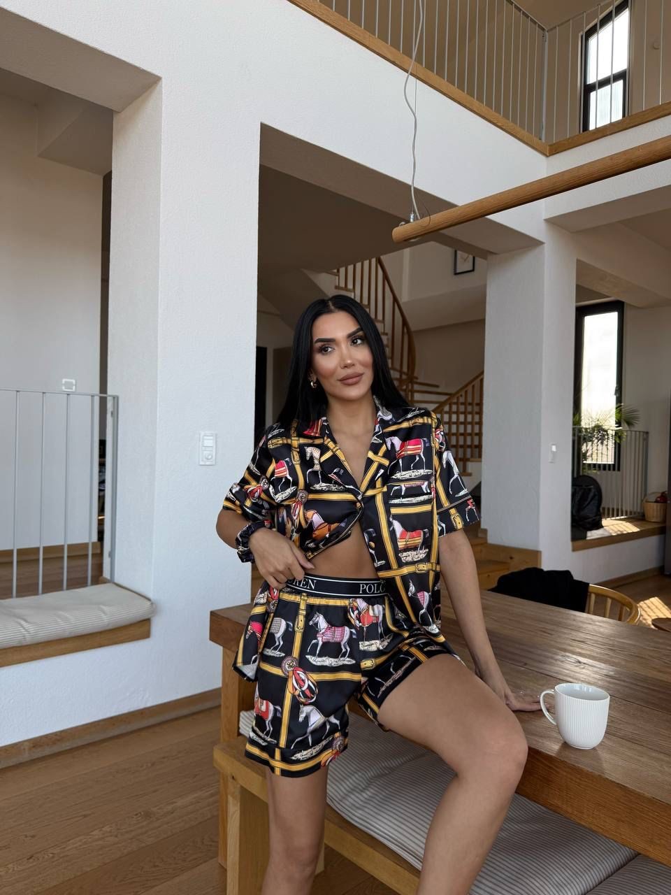 POLO Kemer Lastik Bel Siyah Kısa Kollu Saten Pijama 0059