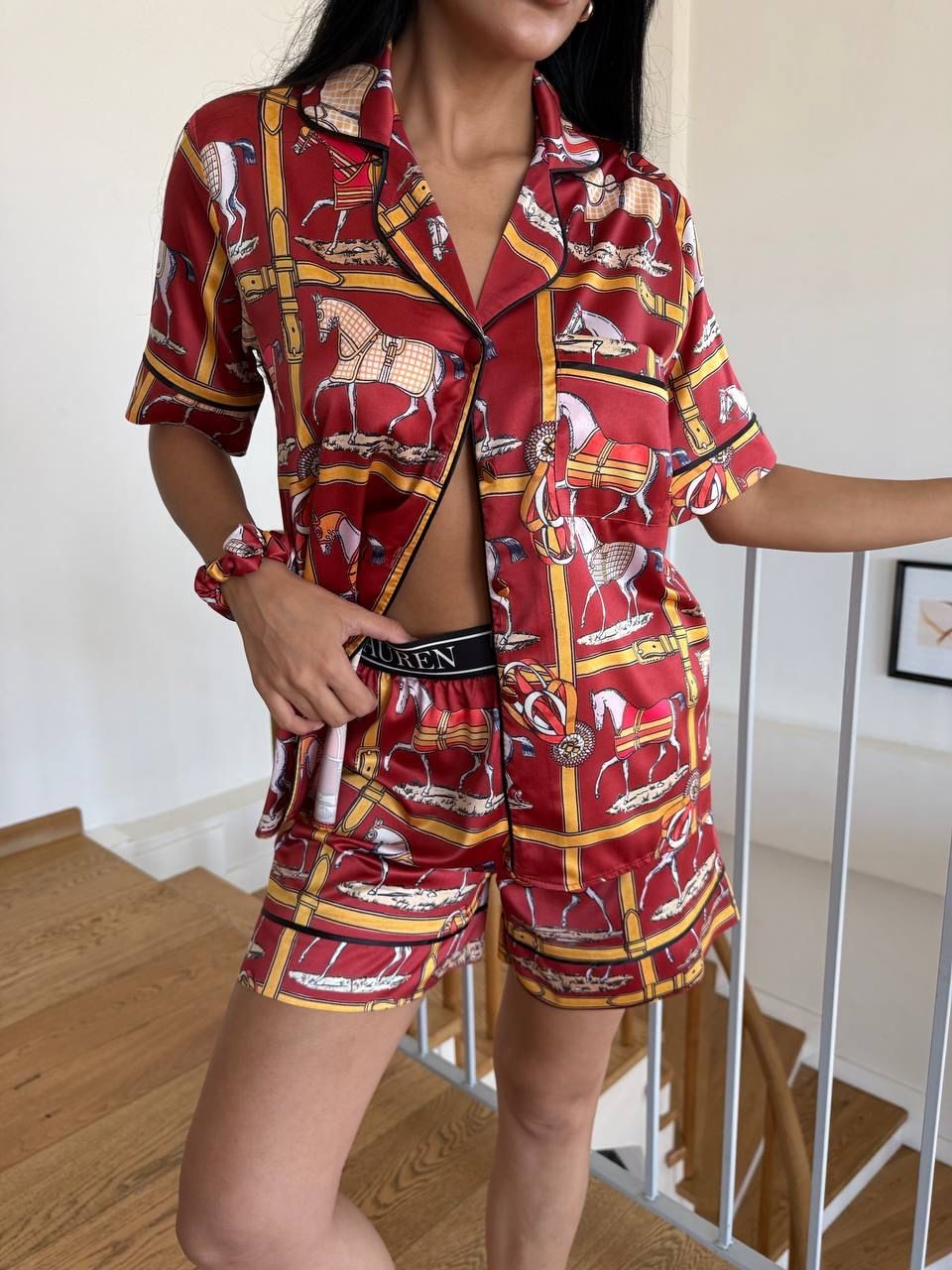 POLO Cep Detaylı Bordo Saten Kısa Kollu Pijama 0058